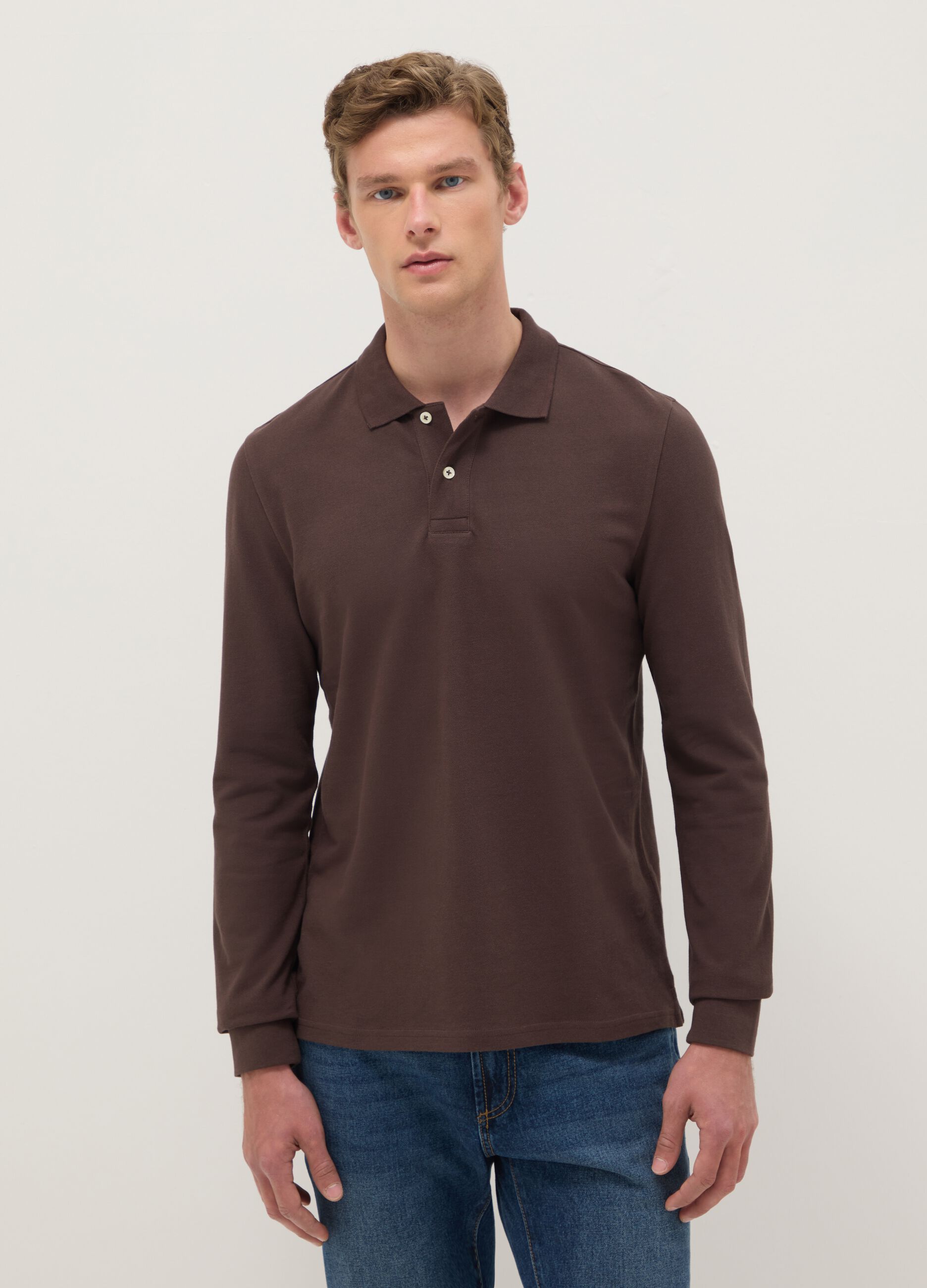 Brown long sleeve polo in pure cotton regular fit