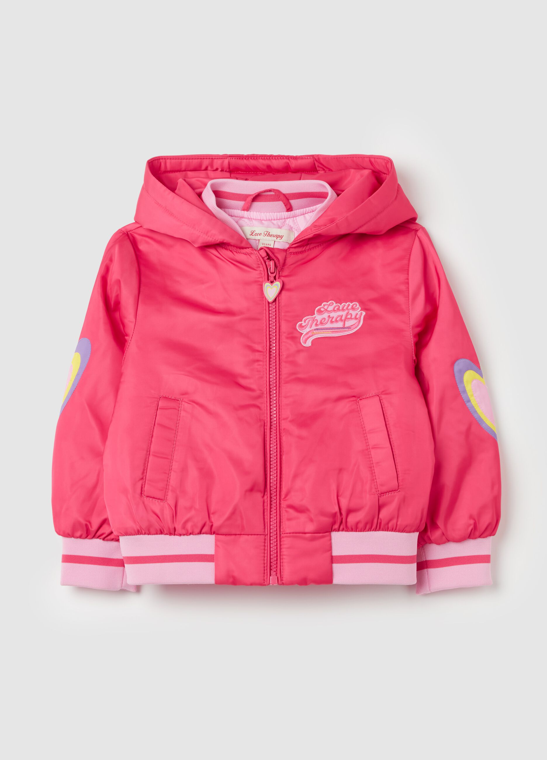 Bomber jacket with hood and embroidered hearts