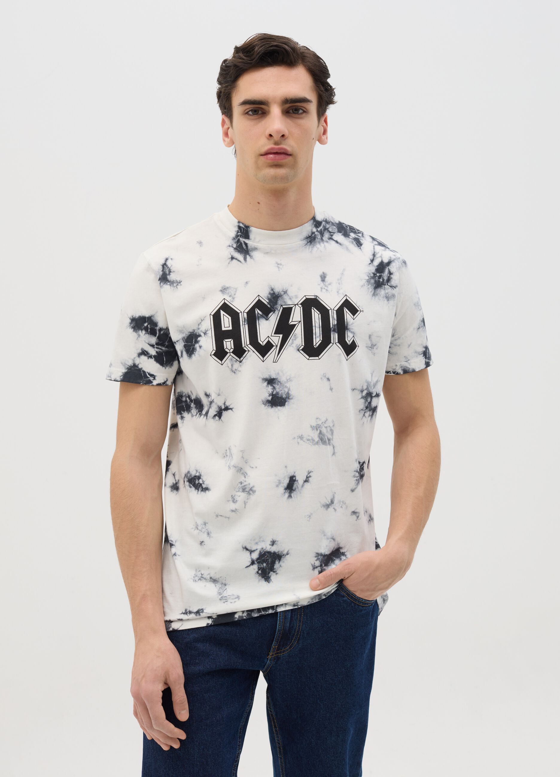 Tie-dye T-shirt with AC/DC print
