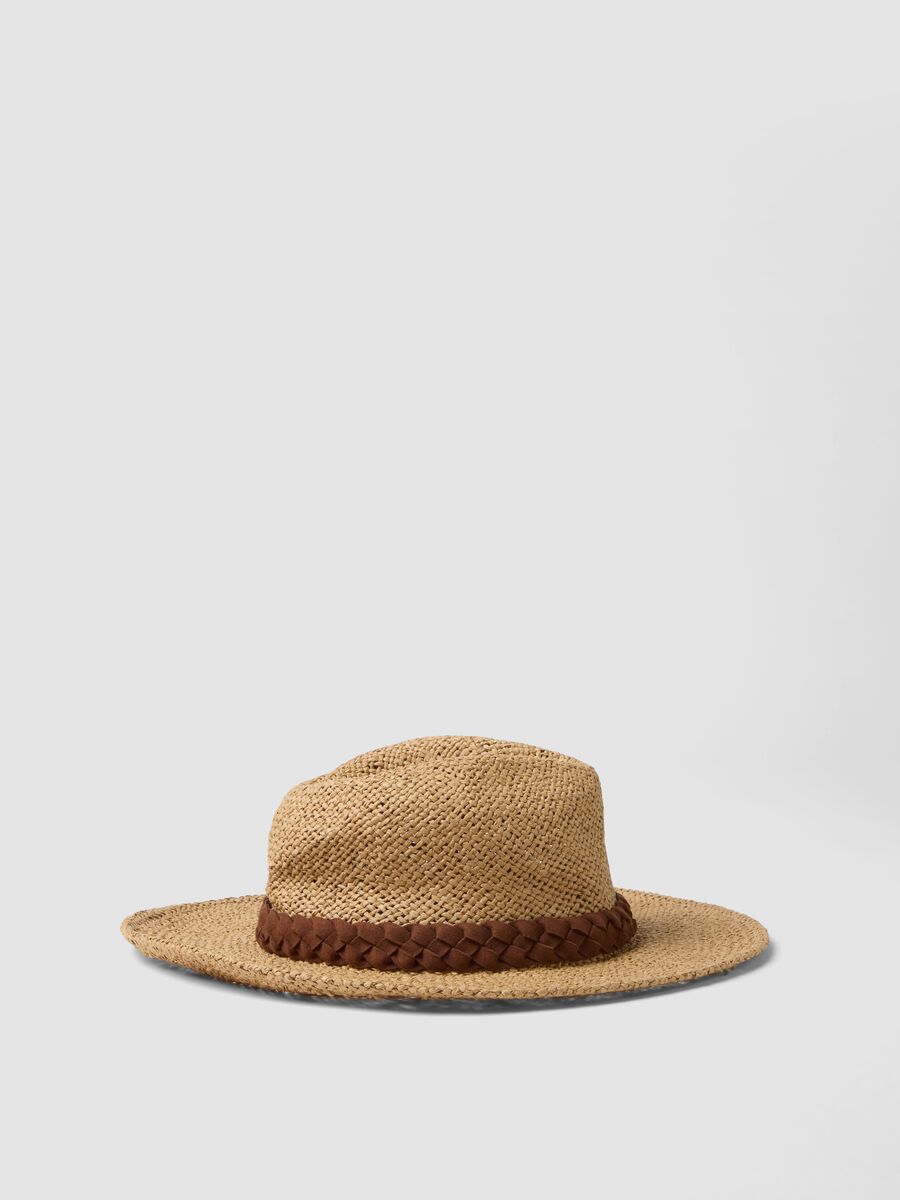 Cappello panama beige in puro tessuto carta con fascia marrone_0