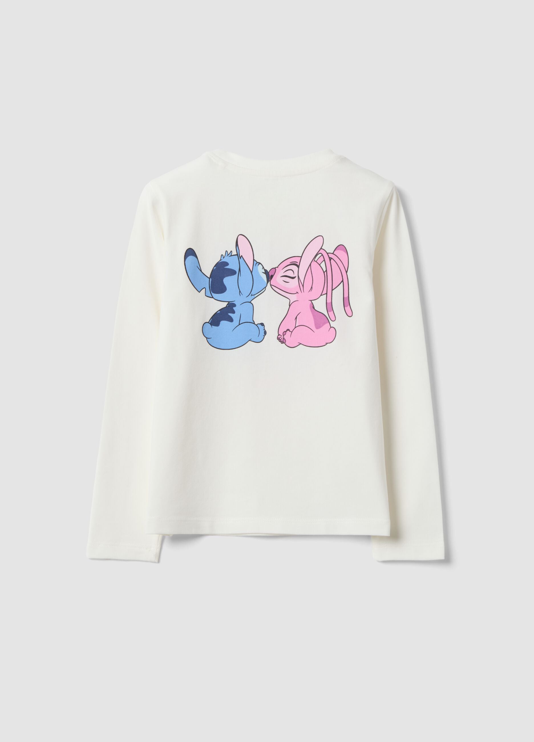 T-shirt bianca in cotone elasticizzato con stampa Lilo e Stitch per bambina