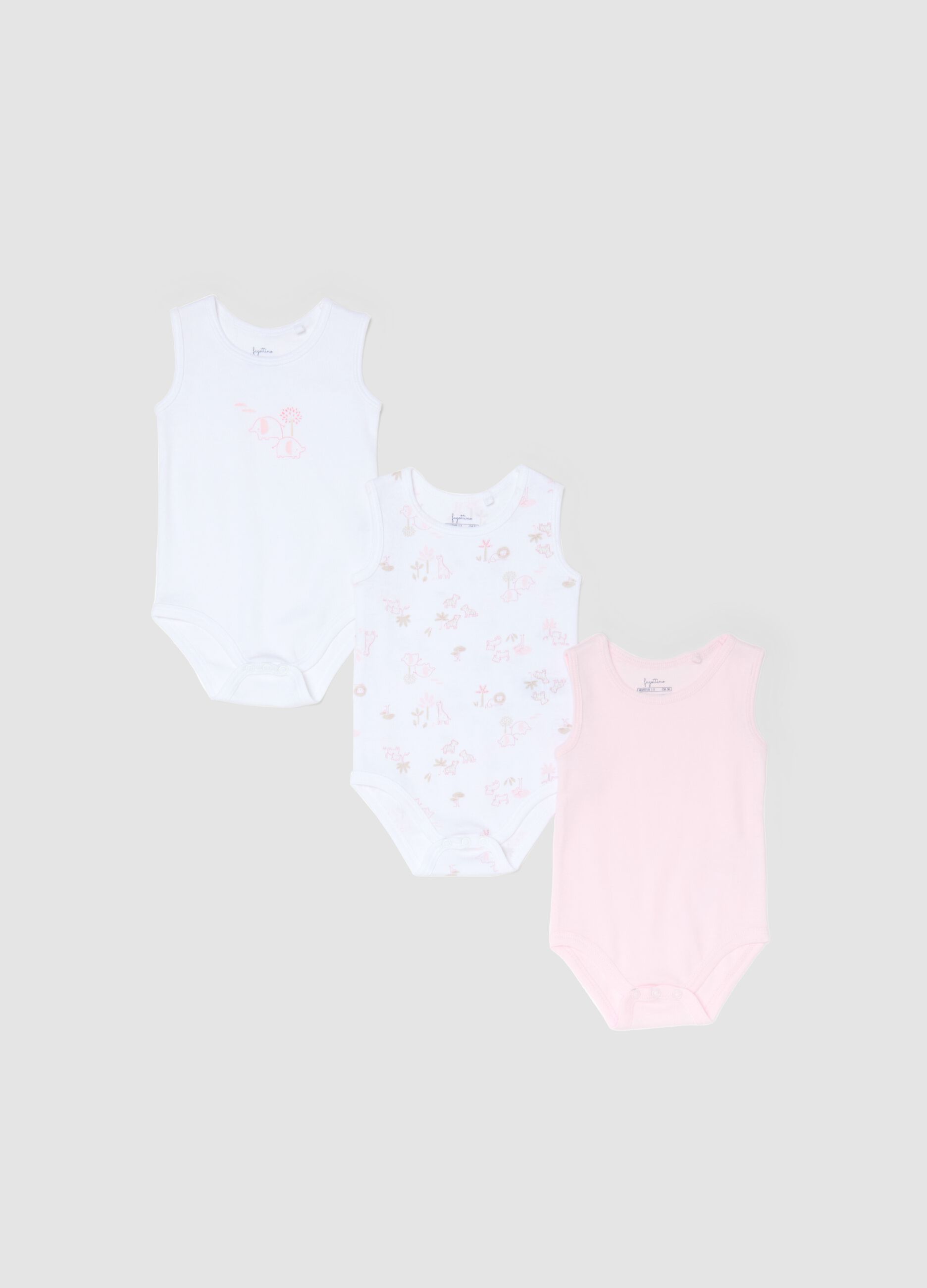 Pack of sleeveless bodysuits in pure multicolored cotton for baby girls