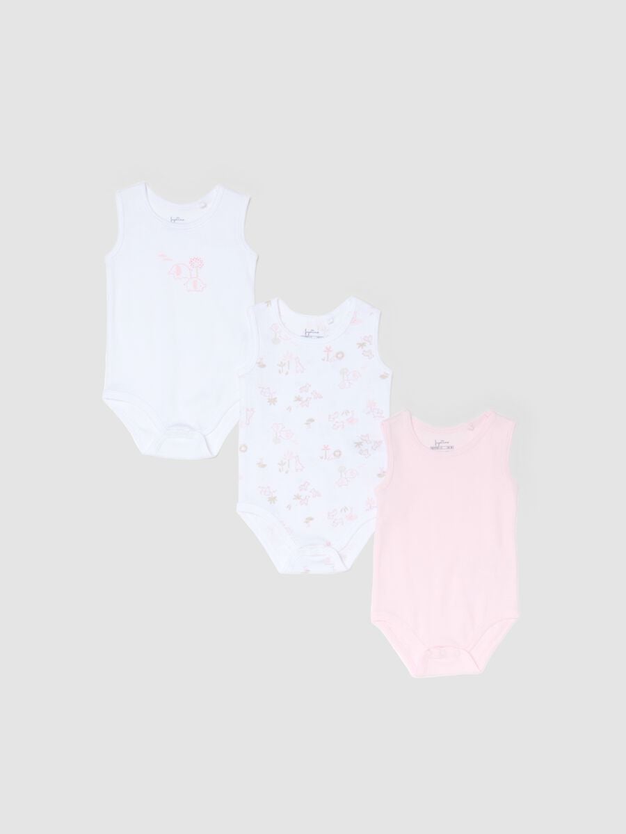 Pack of sleeveless bodysuits in pure multicolored cotton for baby girls_0