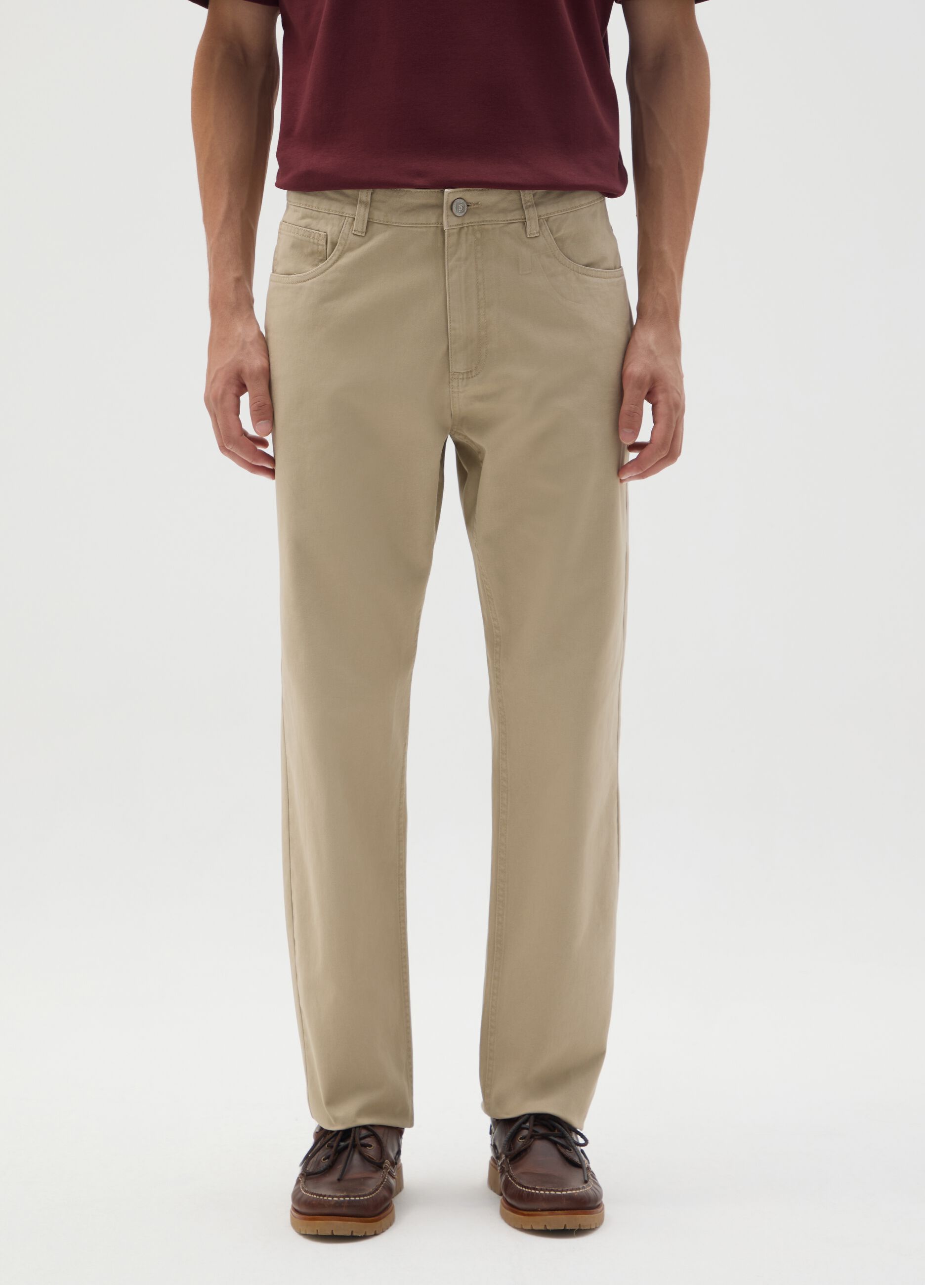 Beige pure cotton regular fit trousers