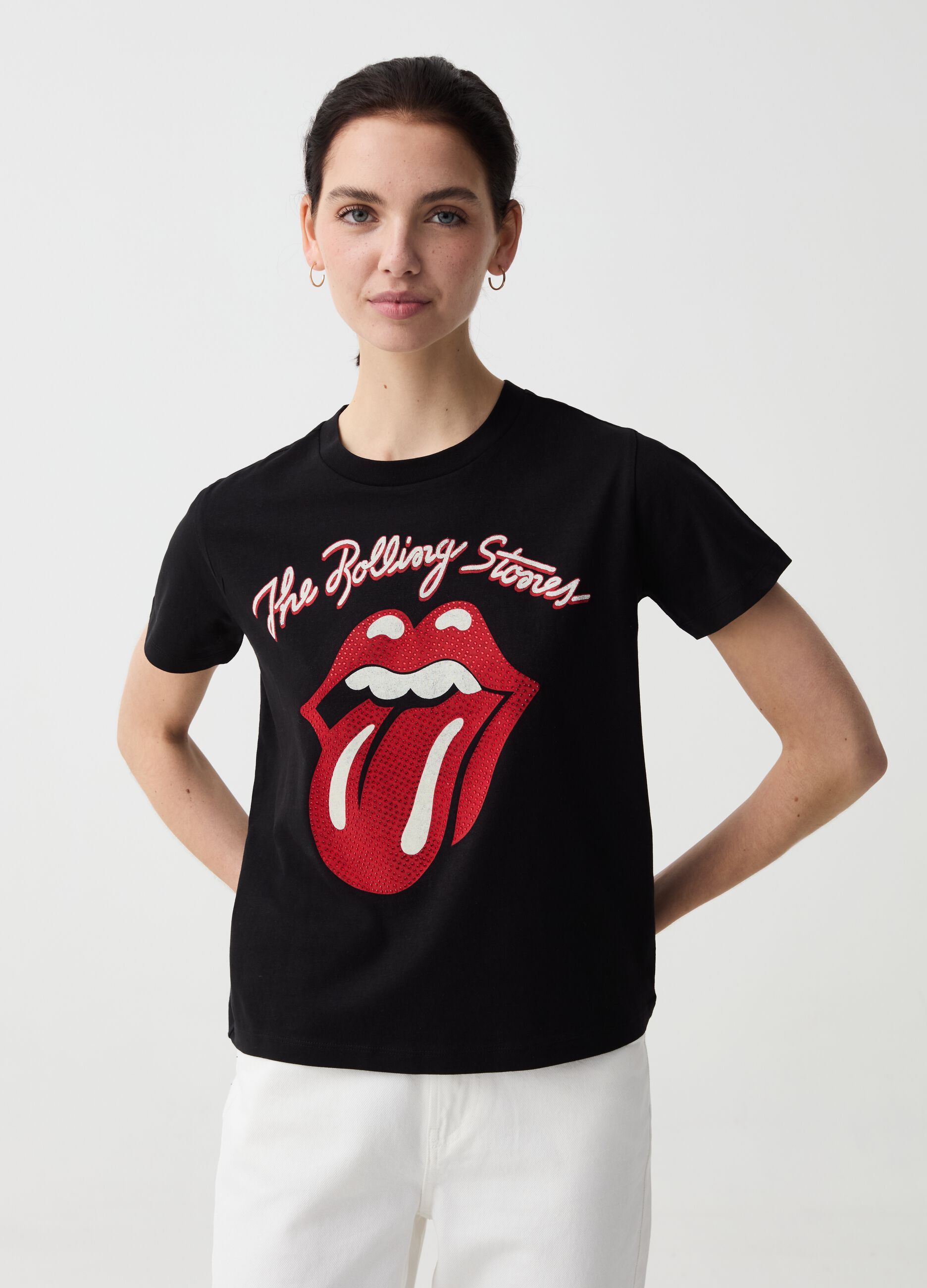Ovs T-shirt stampa logo Rolling Stones con strass