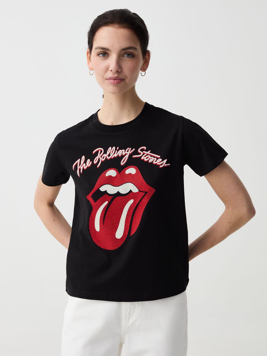 T-shirt stampa logo Rolling Stones con strass_0