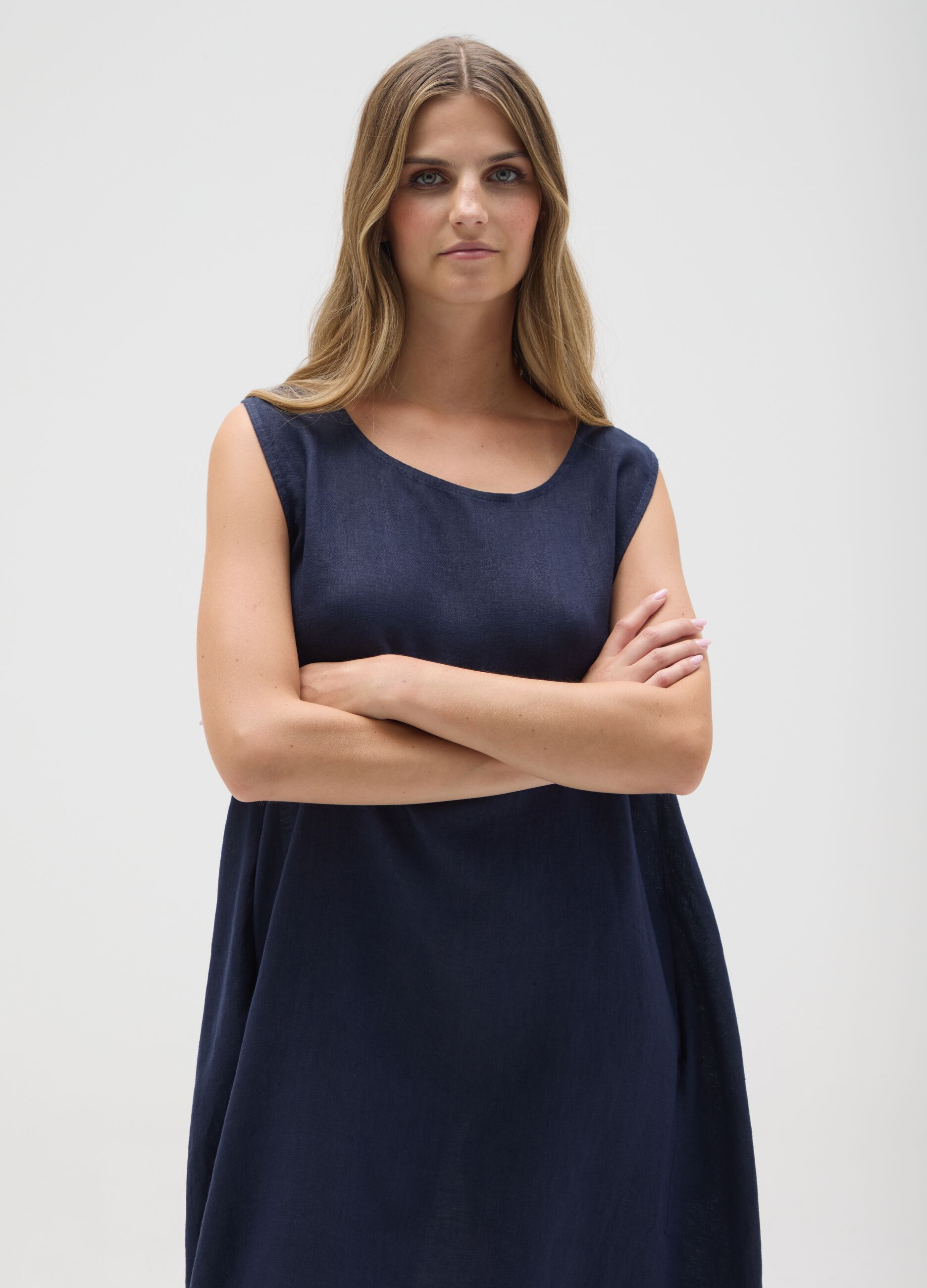 Women's Pure Blue Linen Dress Regular Fit
