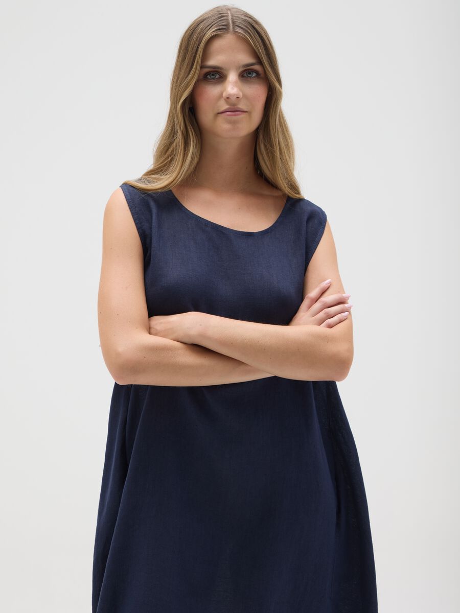 Women's Pure Blue Linen Dress Regular Fit_1