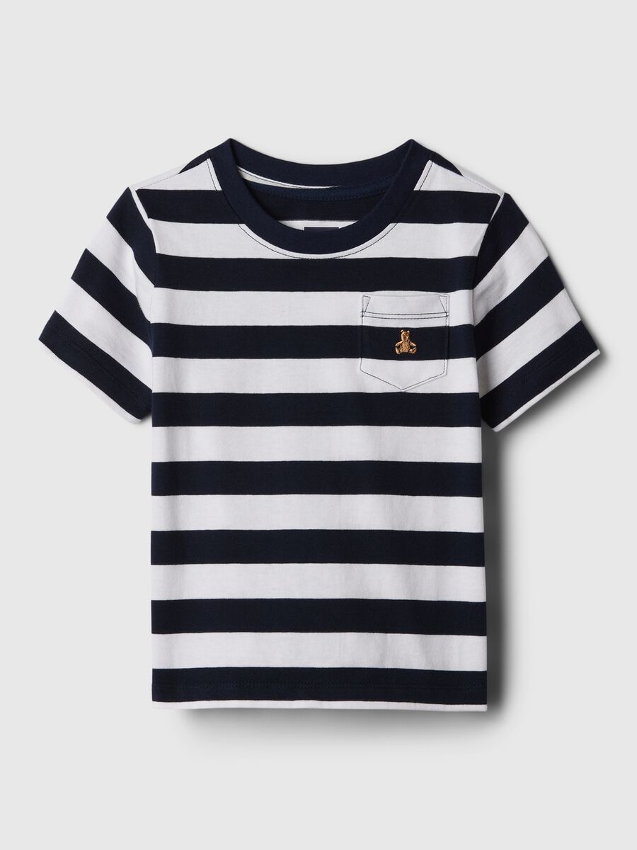 Striped T-shirt with pocket and teddy bear embroidery_0