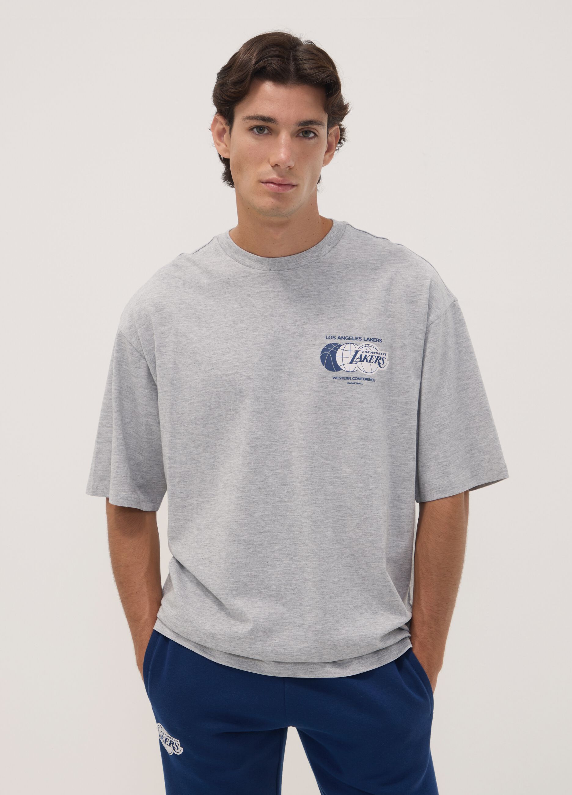 T-shirt grigia in puro cotone con stampa Lakers