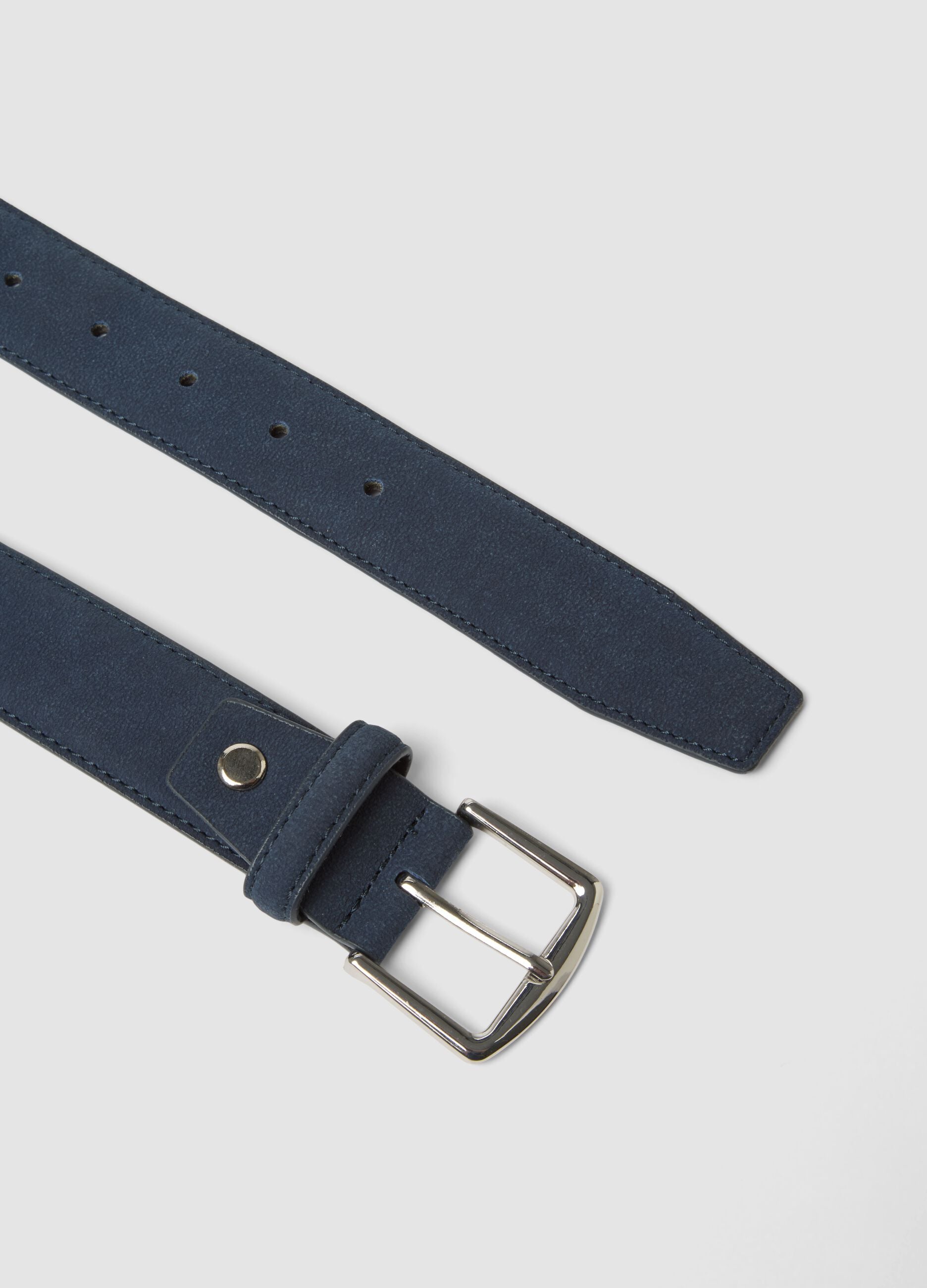 Blue belt with rectangular metal buckle