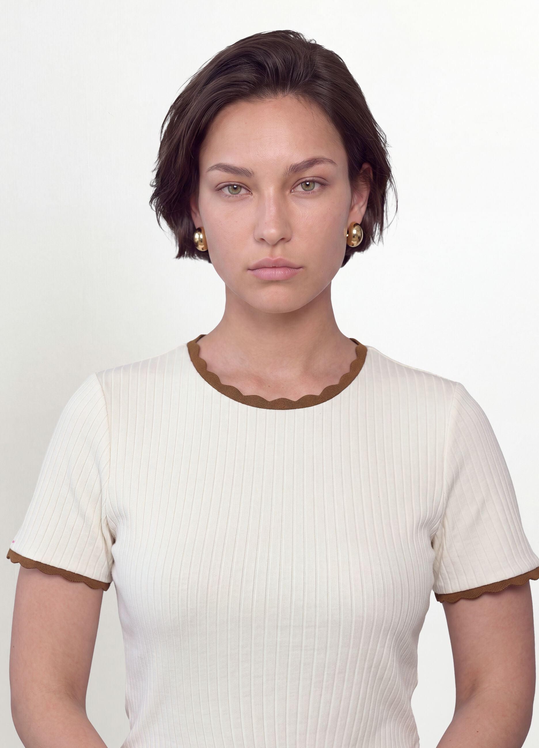 White stretch viscose crew-neck T-shirt with contrast trims
