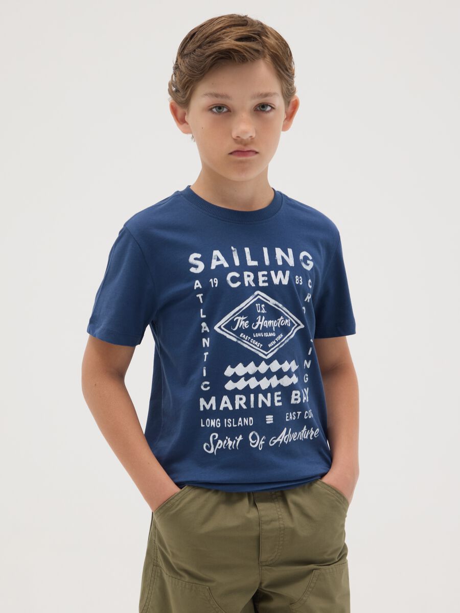 T-shirt da ragazzo in puro cotone blu regular fit_0