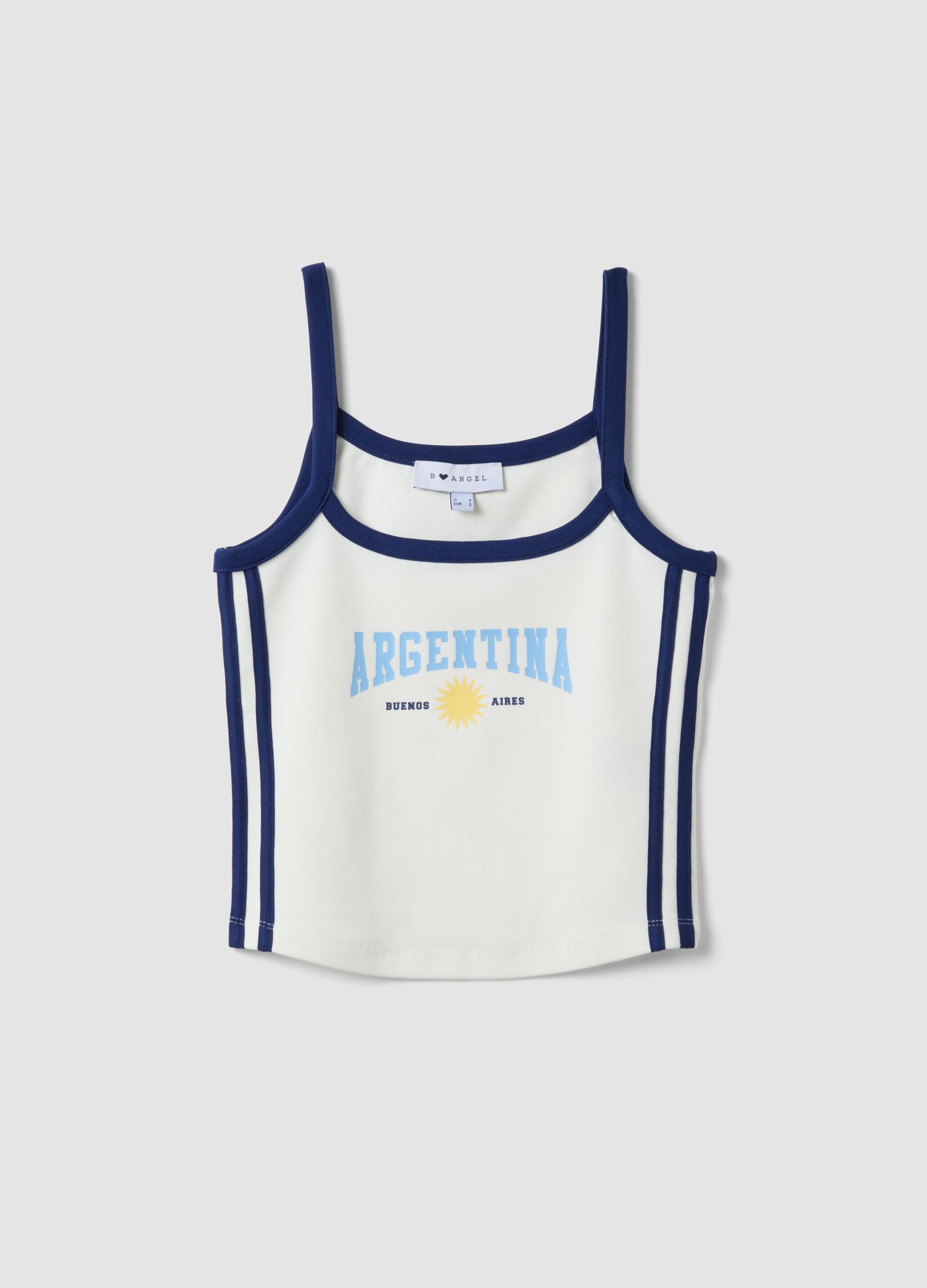 White stretch-cotton tank top with blue piping