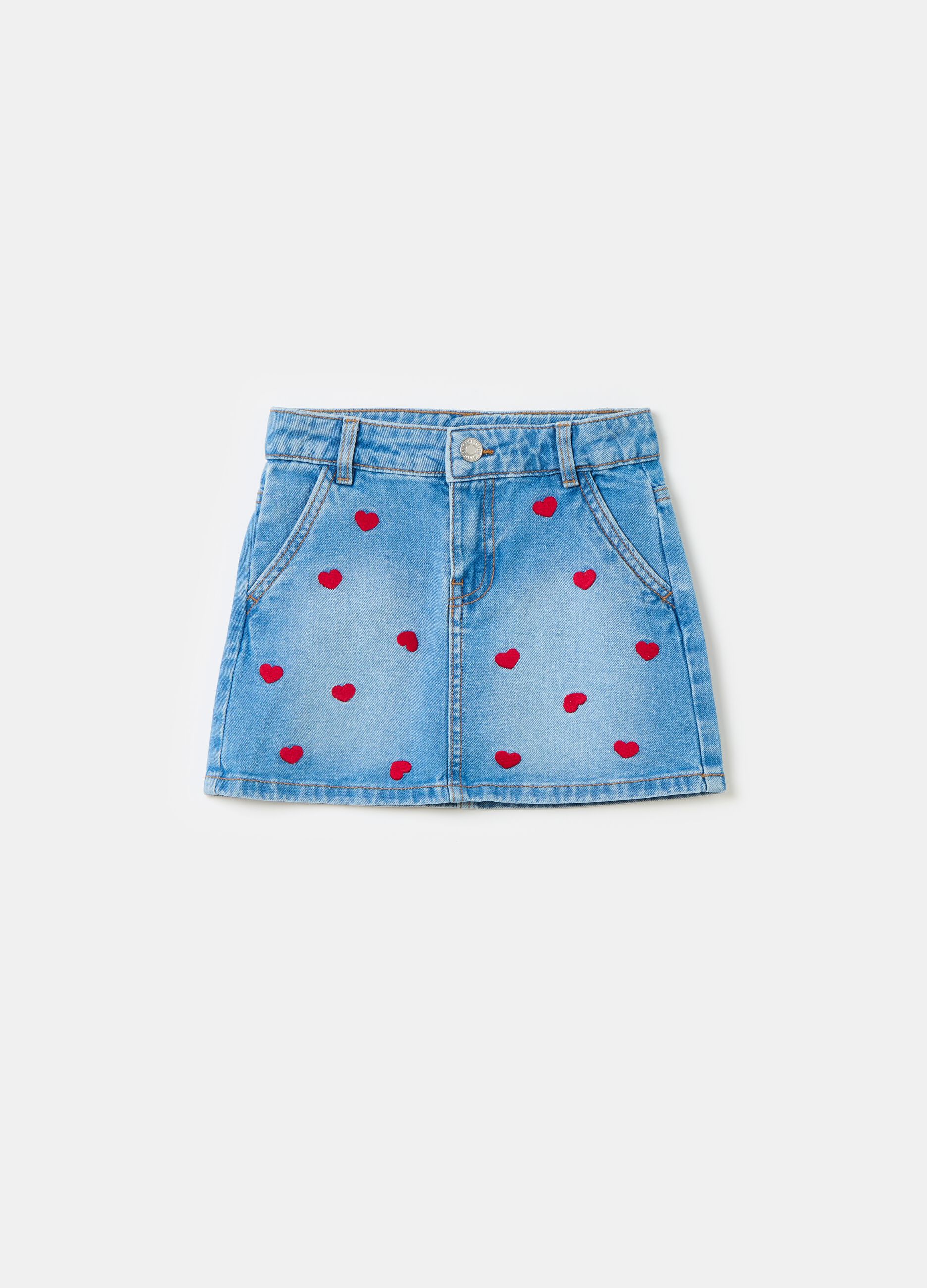 Minigonna in denim ricamo Minnie e cuori