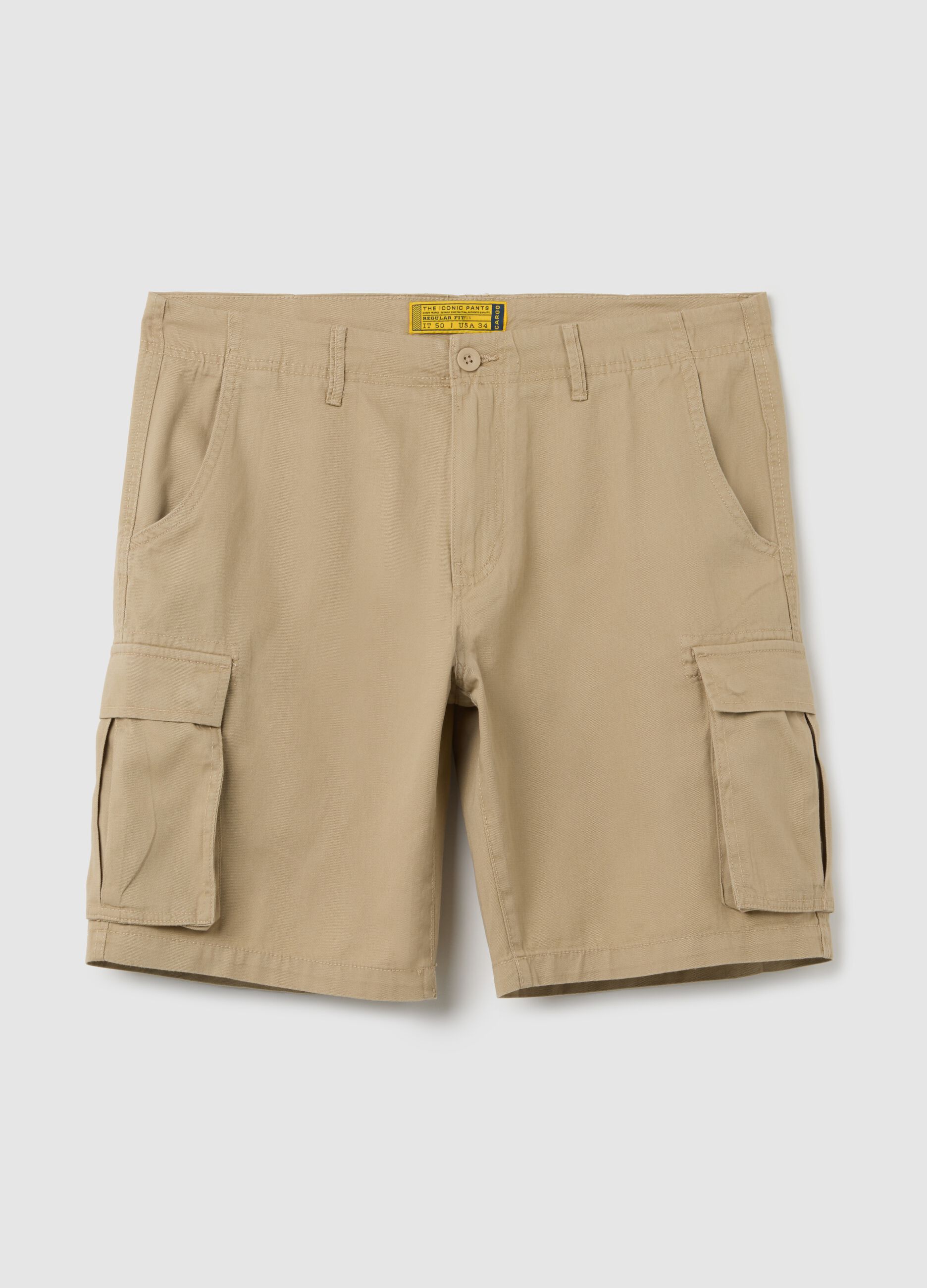 Men's beige regular fit pure cotton Bermuda shorts