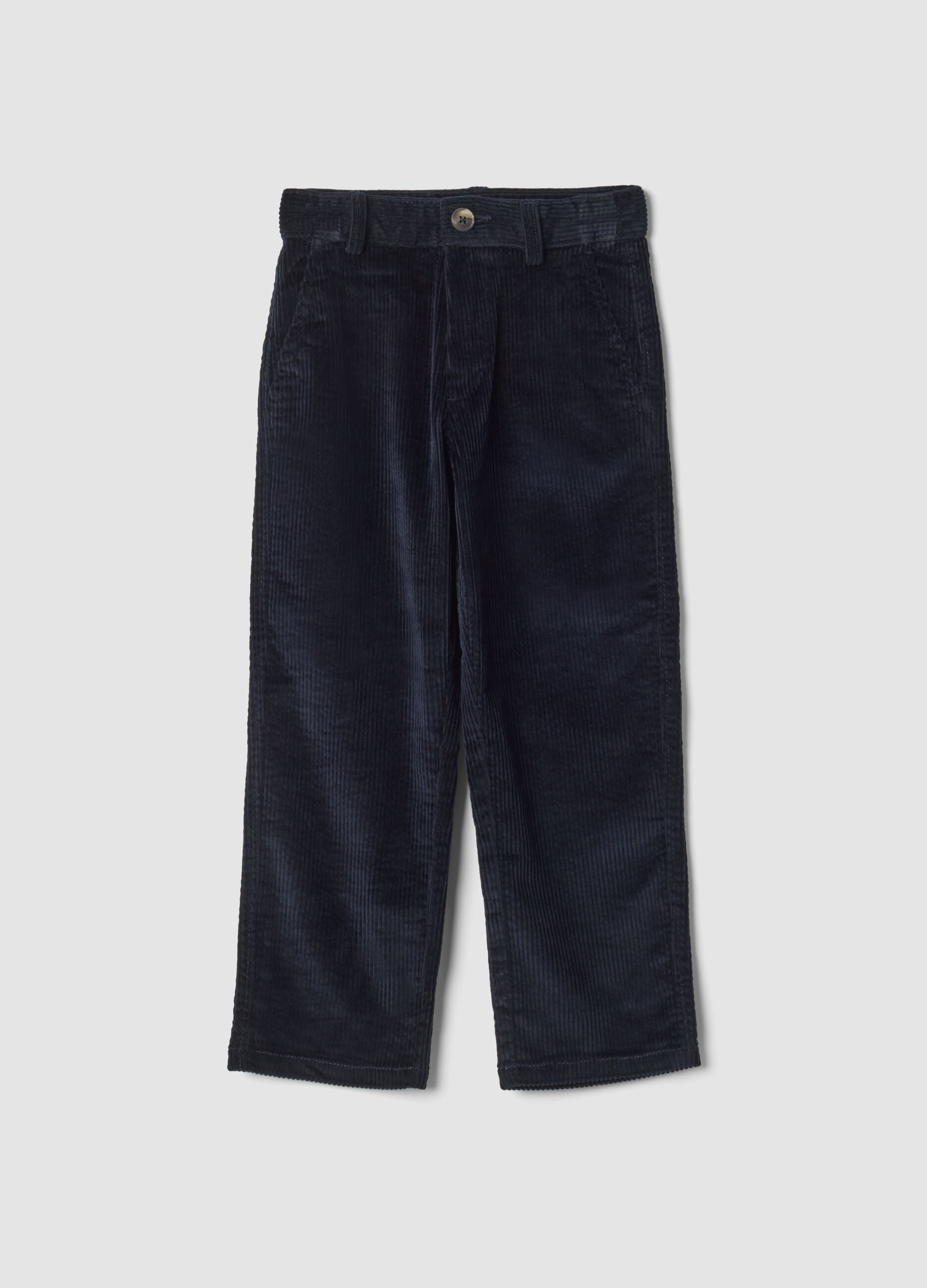 Navy ribbed stretch-cotton chino trousers, regular fit
