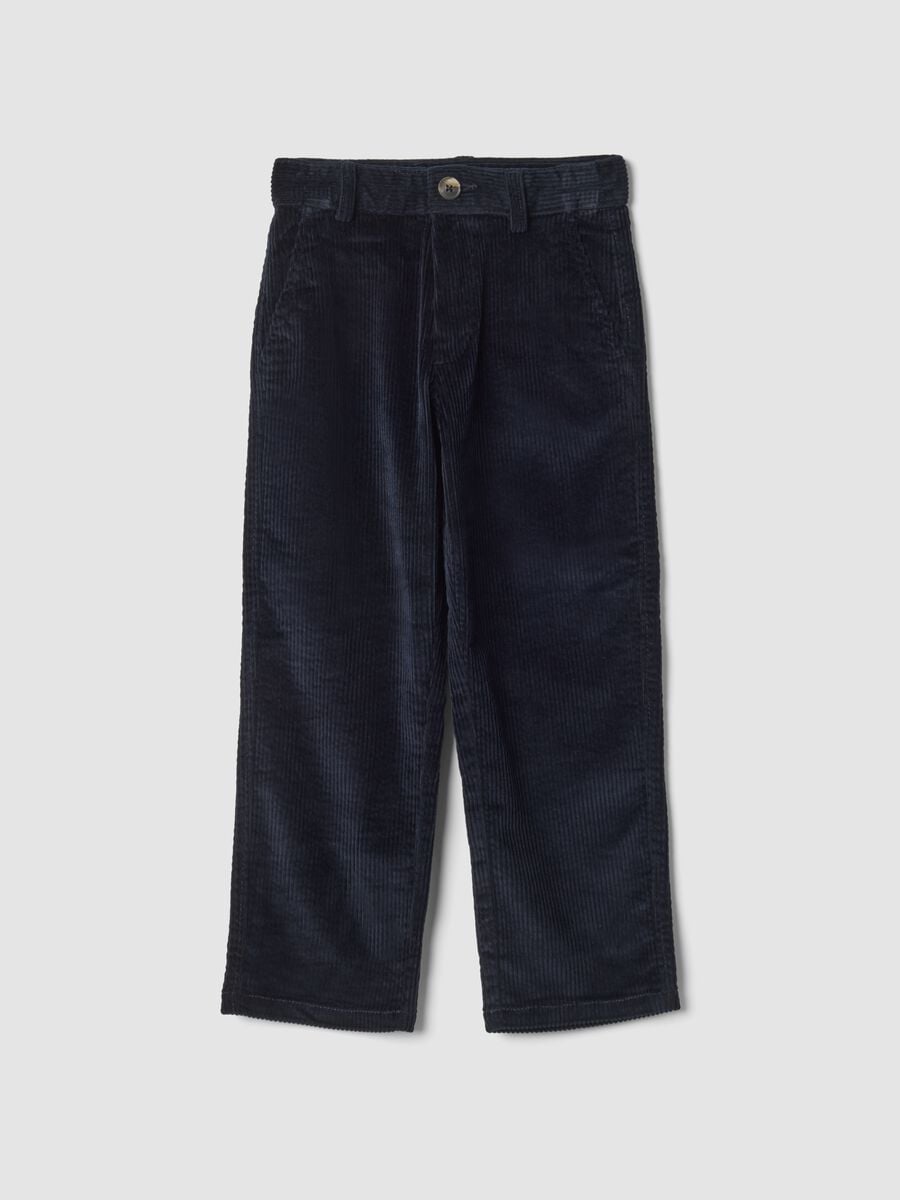 Pantaloni chino blu in cotone elasticizzato a coste regular fit_0