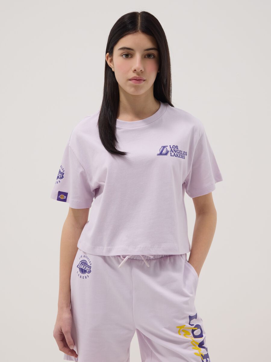 T-shirt in puro cotone viola da ragazza relaxed fit con stampe Lakers_0