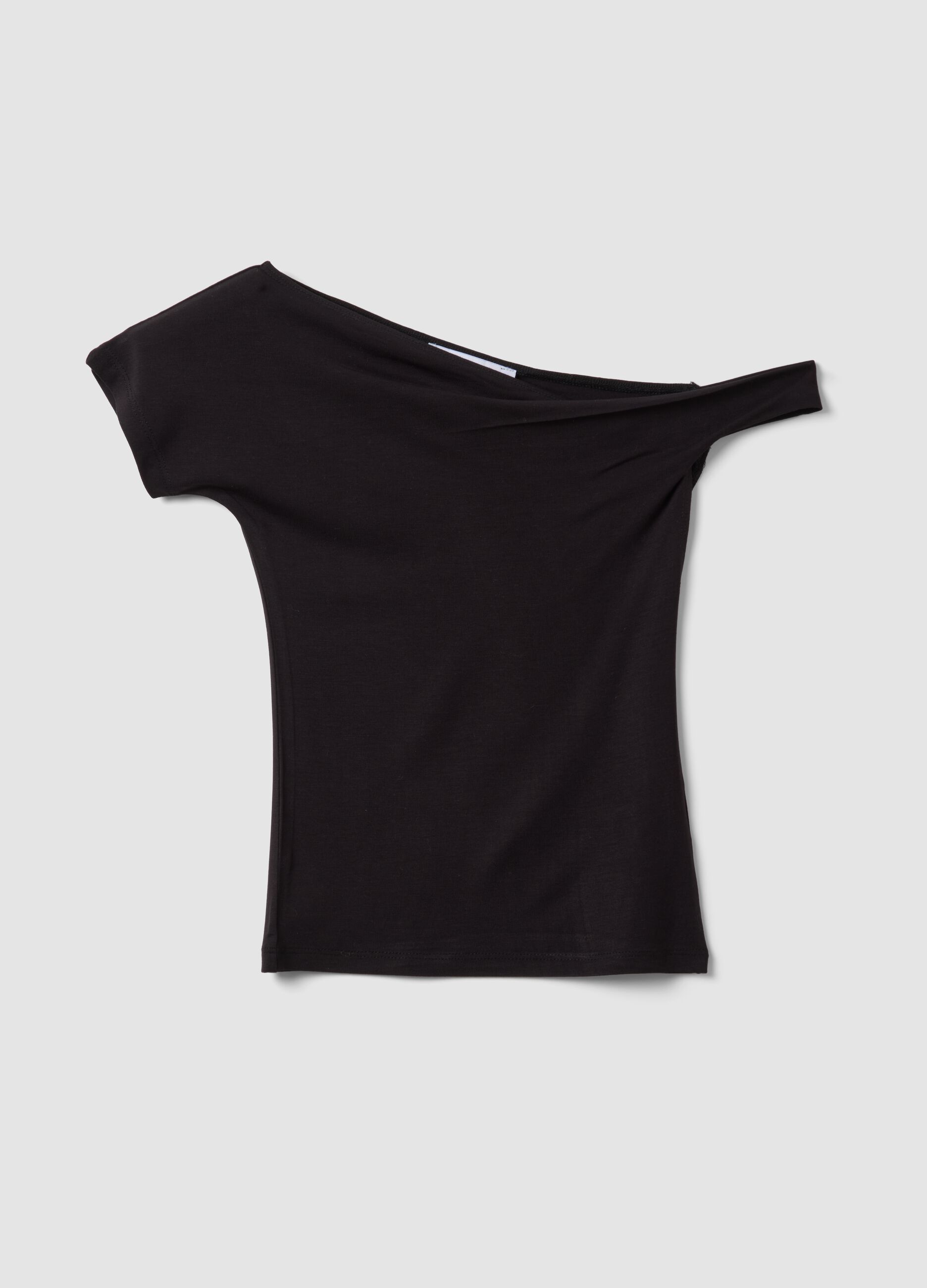 Black stretch viscose T-shirt with wide neckline