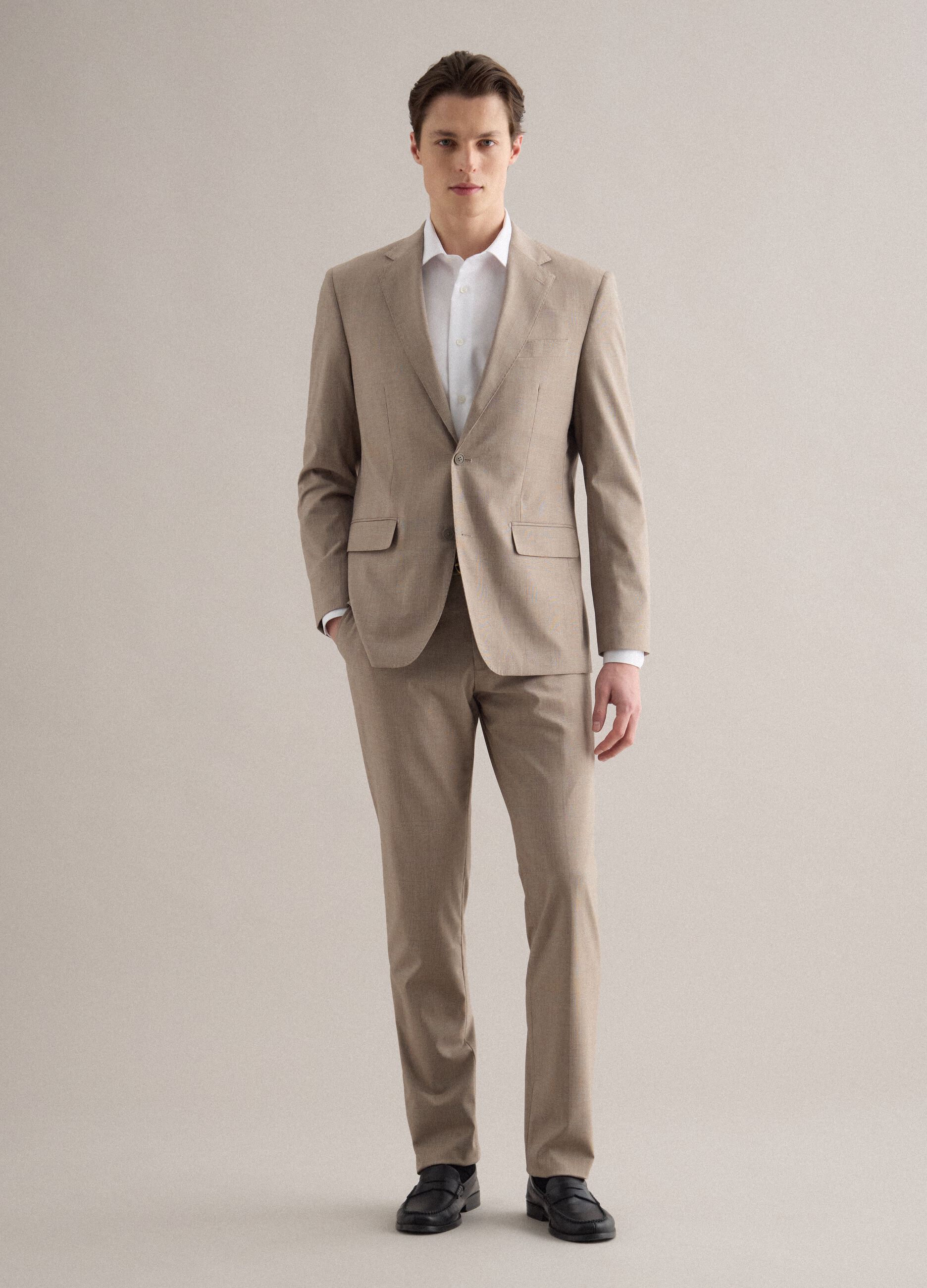 Beige Checked Slim Fit Trousers