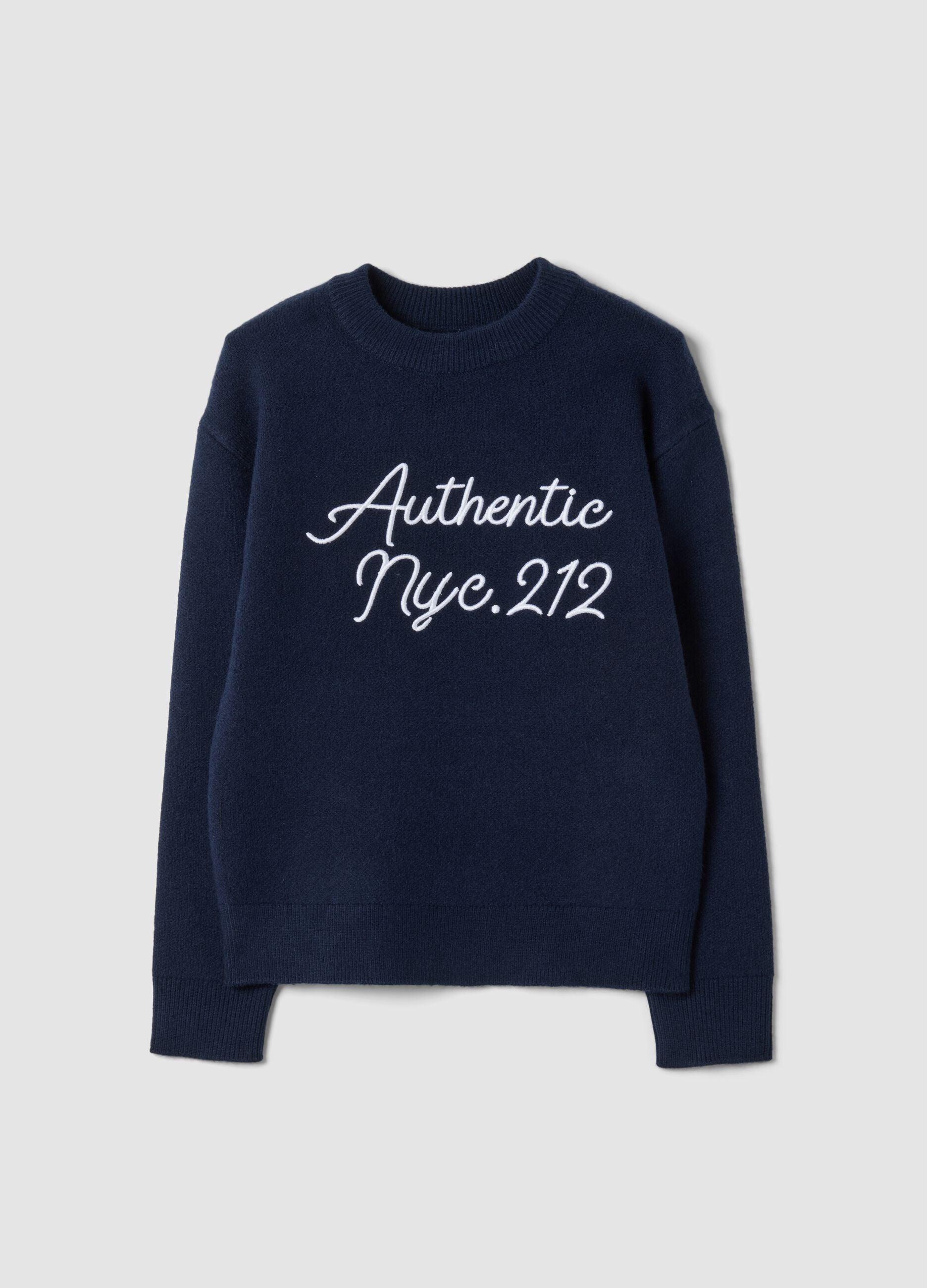 Maglione blu navy girocollo con ricamo lettering