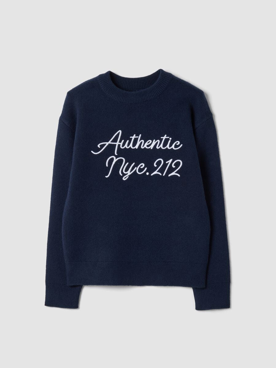 Maglione blu navy girocollo con ricamo lettering_0