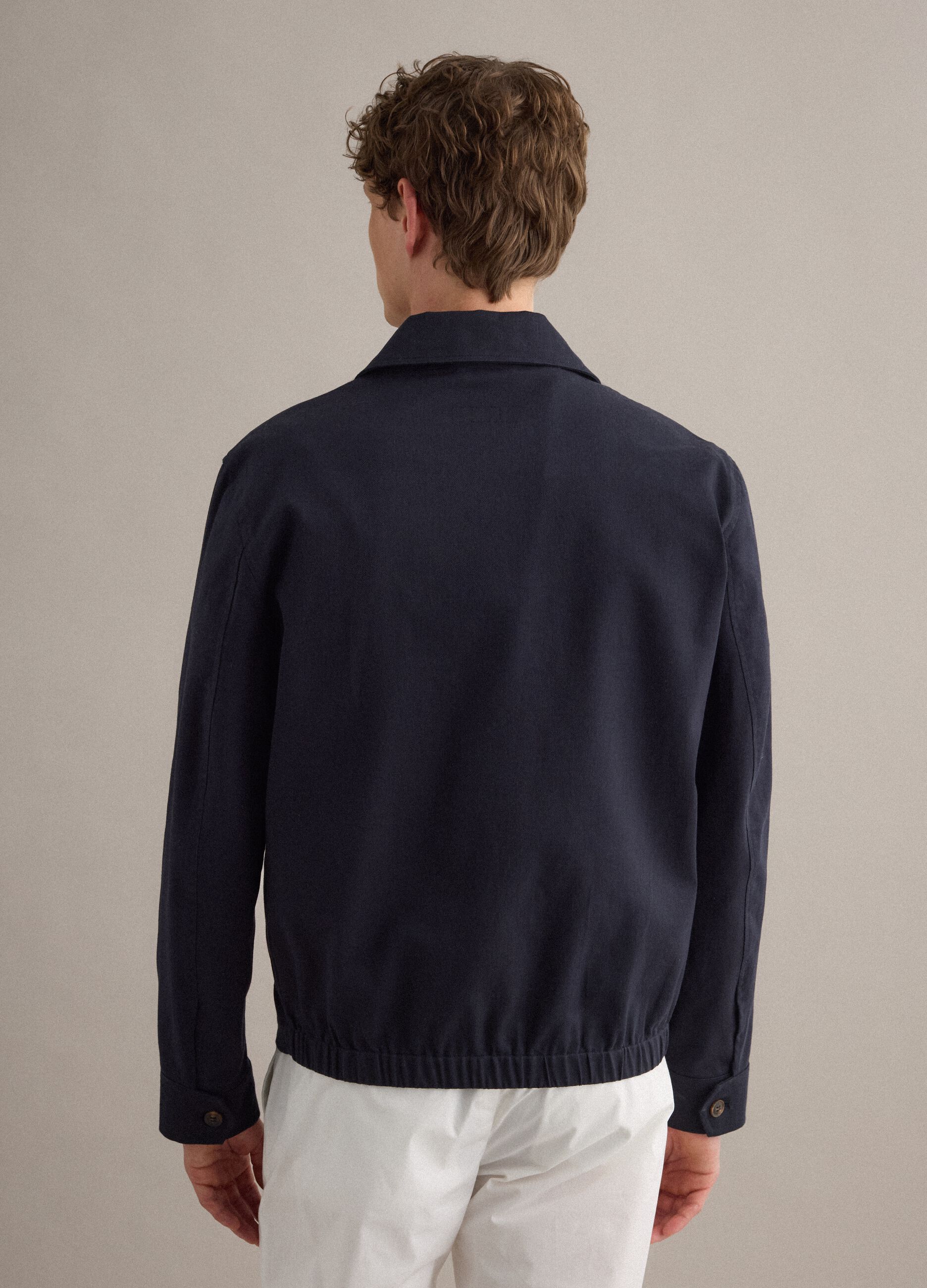 Blue regular fit cotton-linen blend jacket with zip