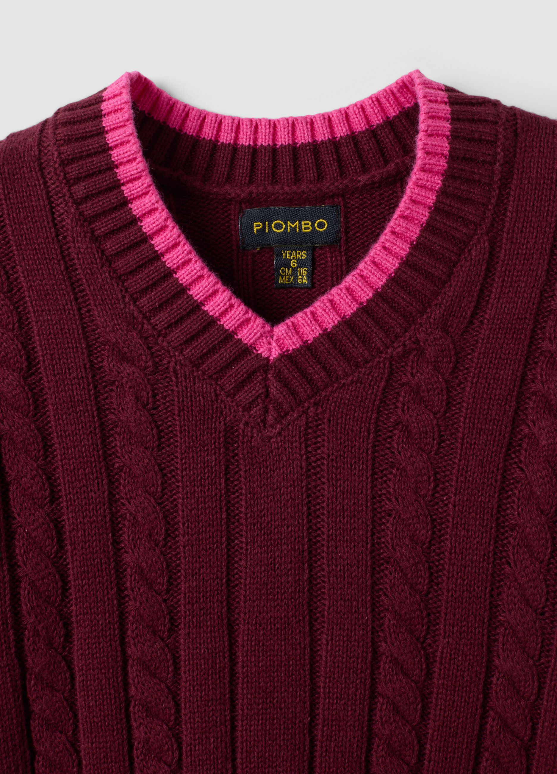 Maglia rossa in puro cotone a trecce con scollo a V per bambina