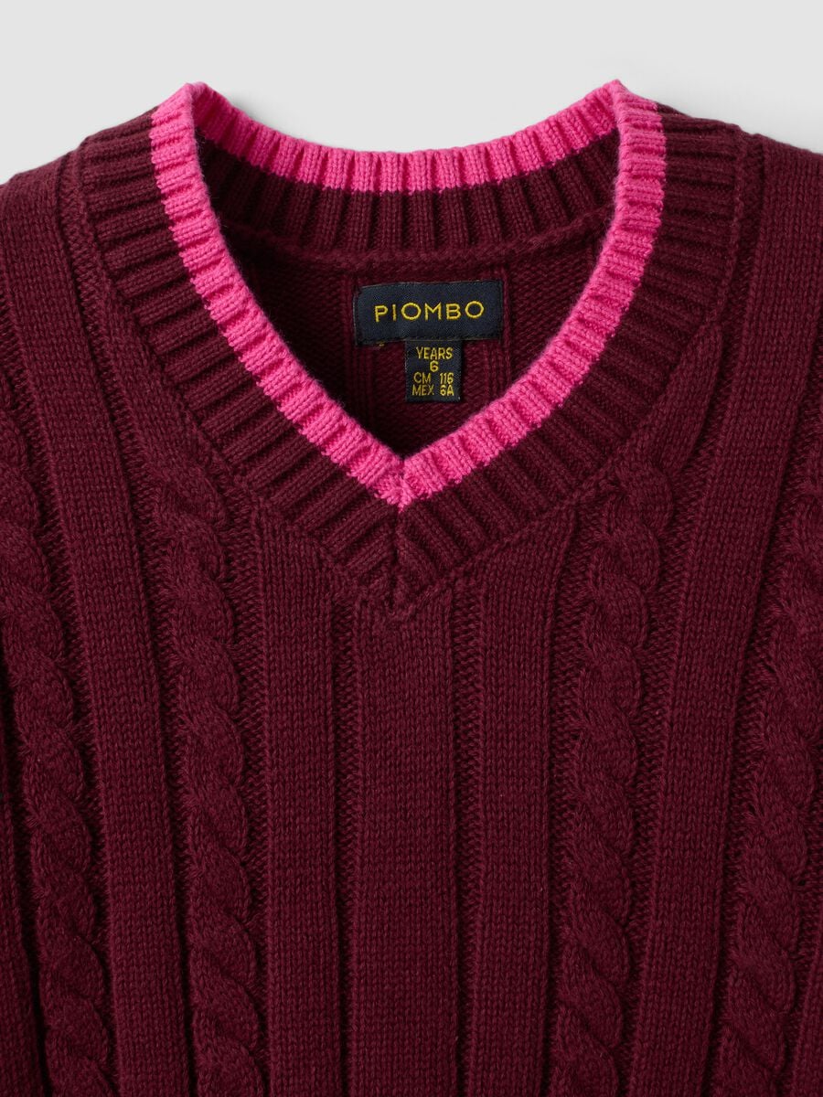 Maglia rossa in puro cotone a trecce con scollo a V per bambina_2