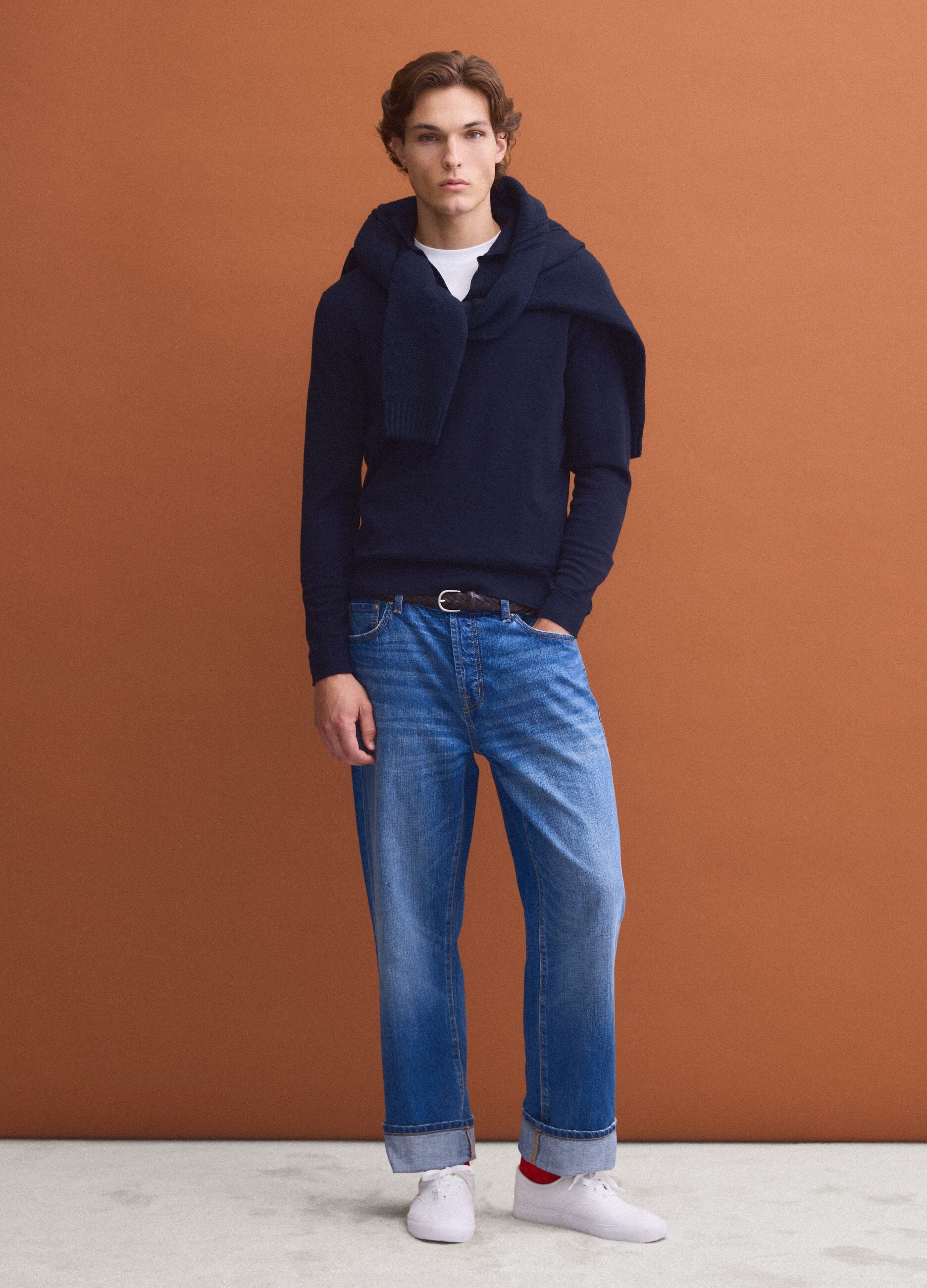Blue long-sleeve pure cotton polo shirt