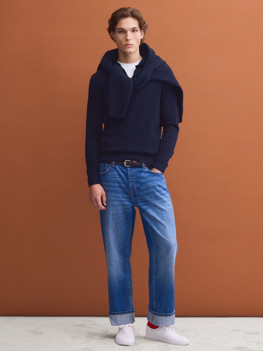 Polo blu in puro cotone a maniche lunghe_1