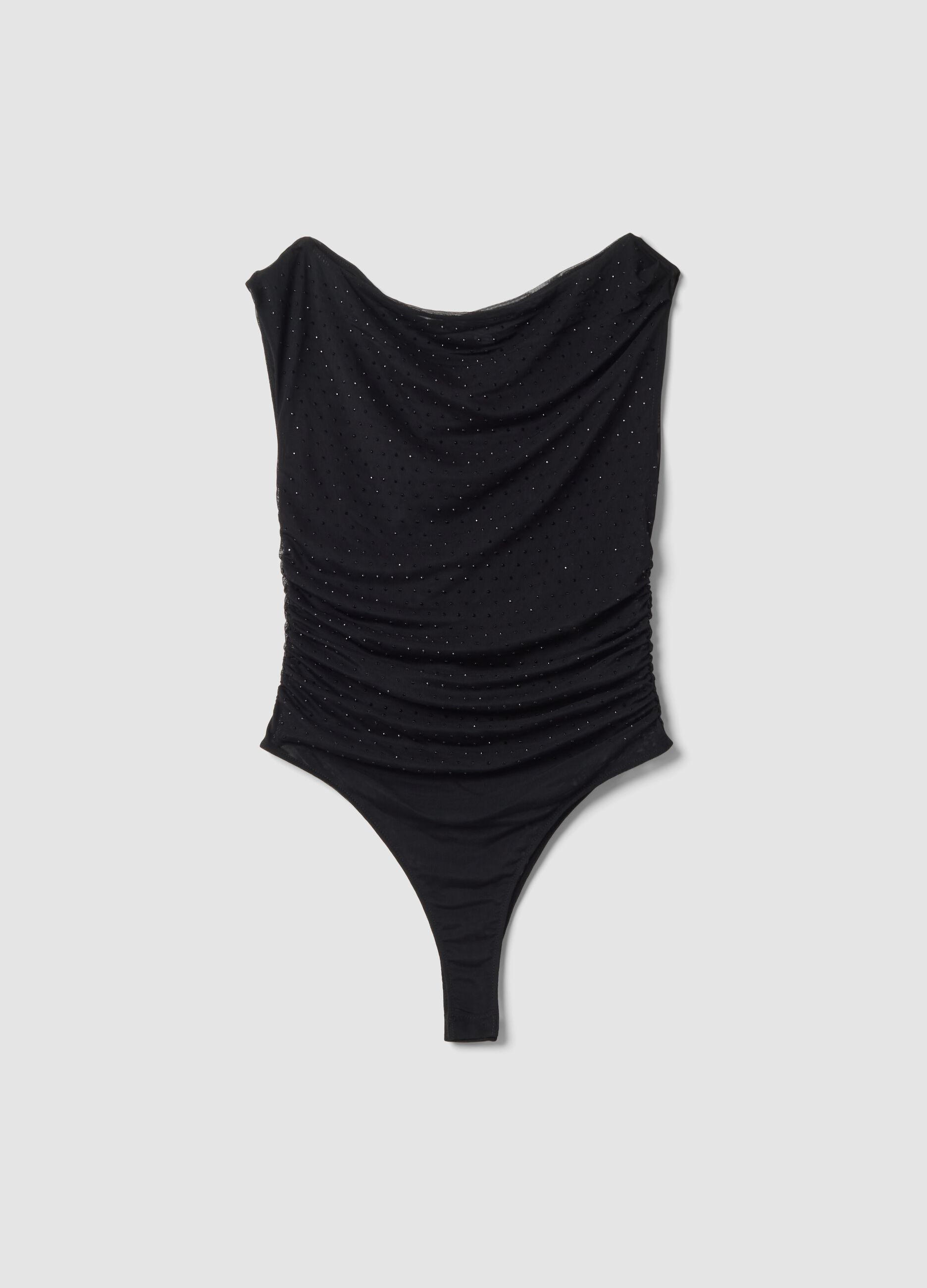 Black fitted stretch bodysuit with rhinestones