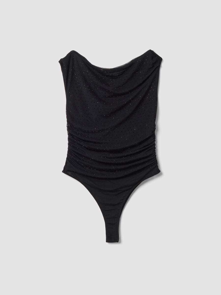 Black fitted stretch bodysuit with rhinestones_0