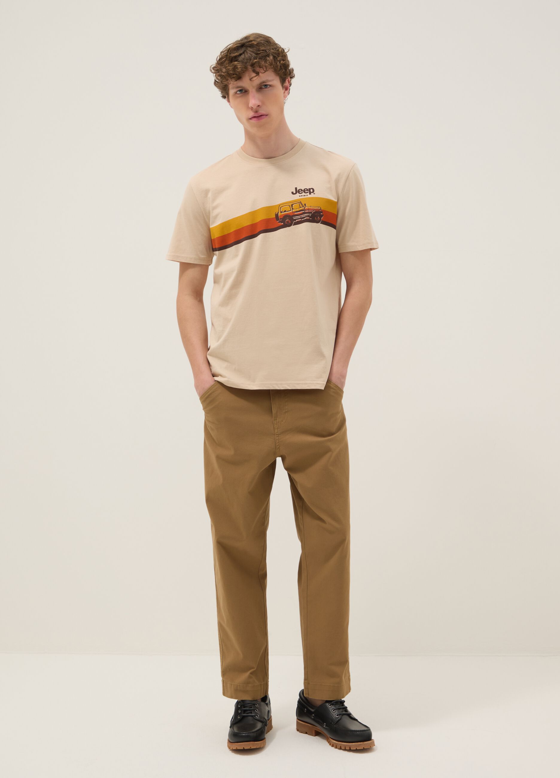 Beige pure cotton regular fit T-shirt with print