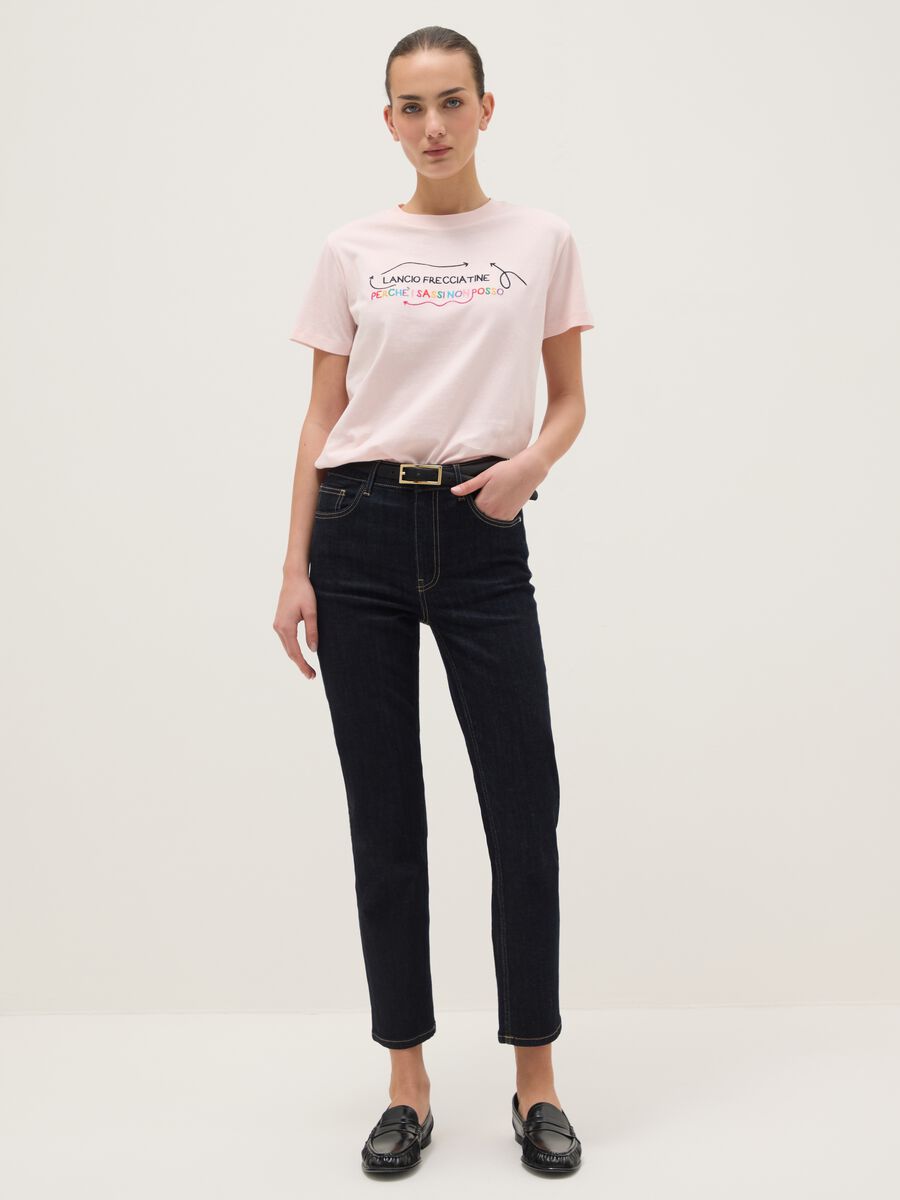 Pink pure cotton regular fit T-shirt with embroidered slogan_1
