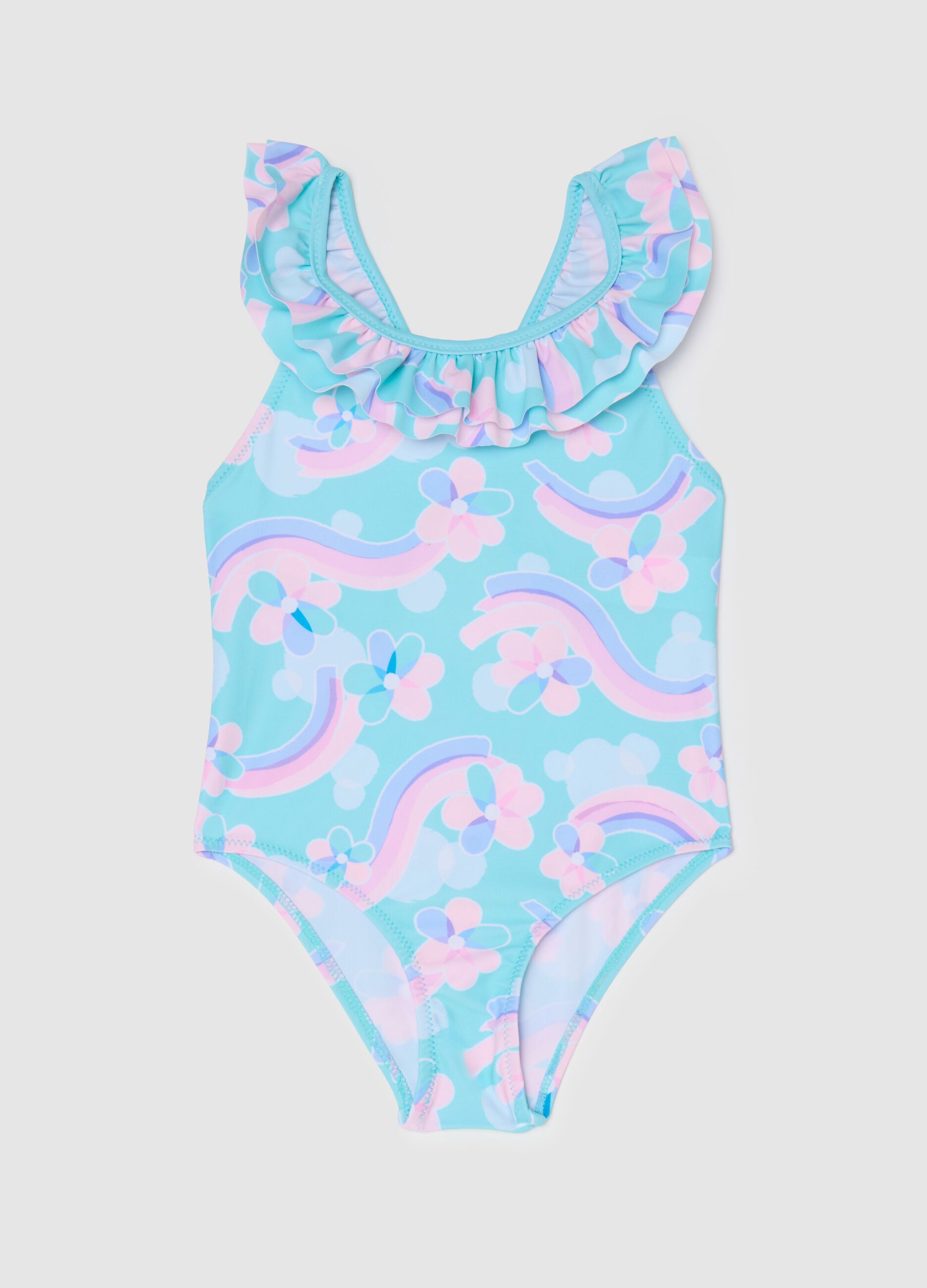 Girls’ one-piece swimsuit in multicoloured stretch fabric