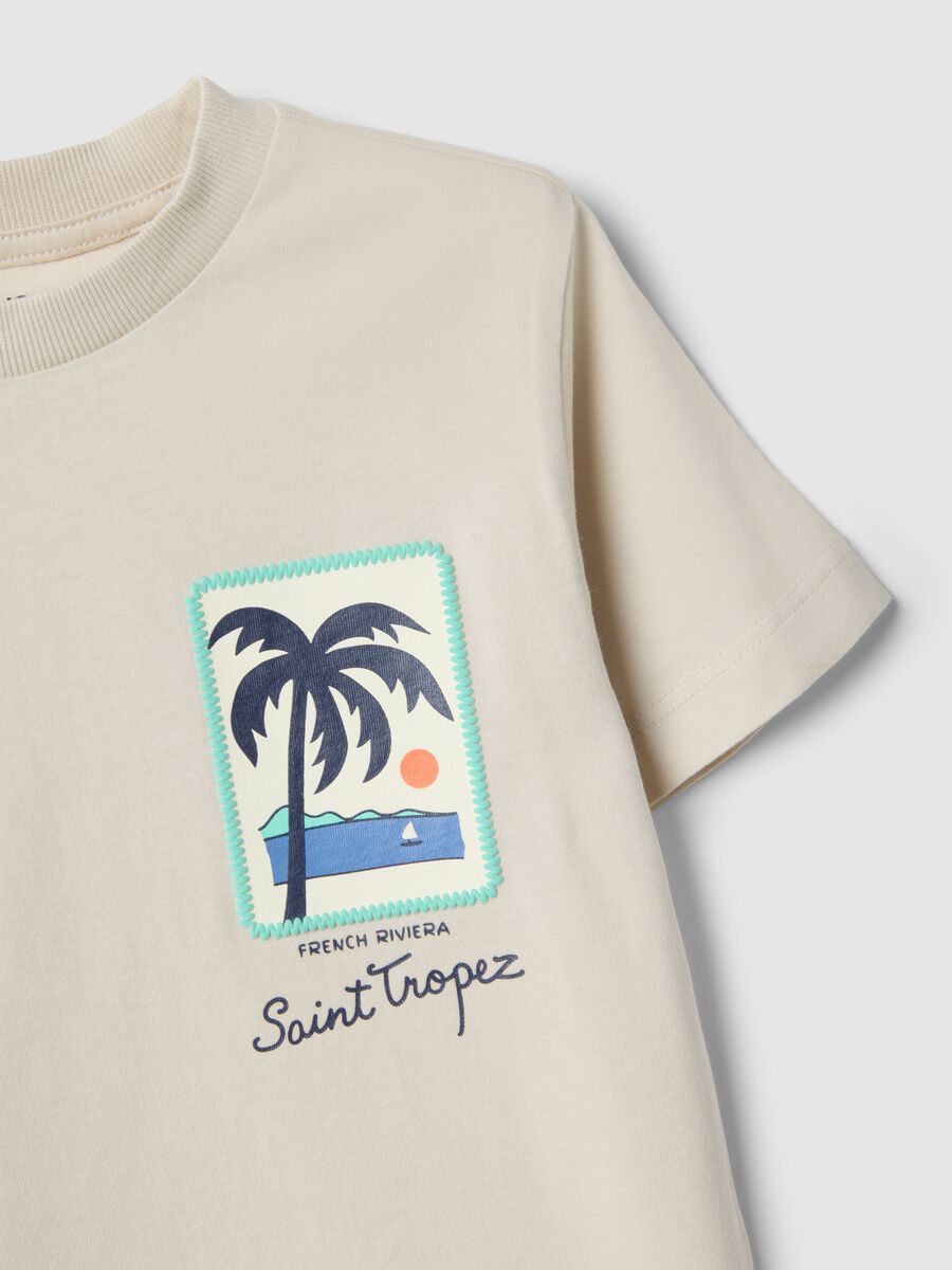 Children's beige pure cotton T-shirt, regular fit with palm print_2