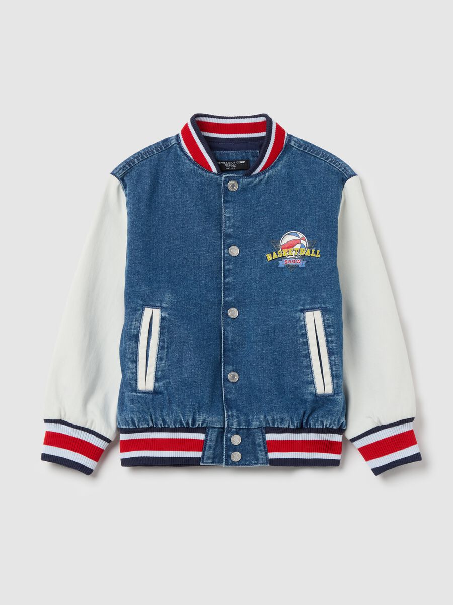 “Team Miami” bouclé denim varsity bomber jacket_0