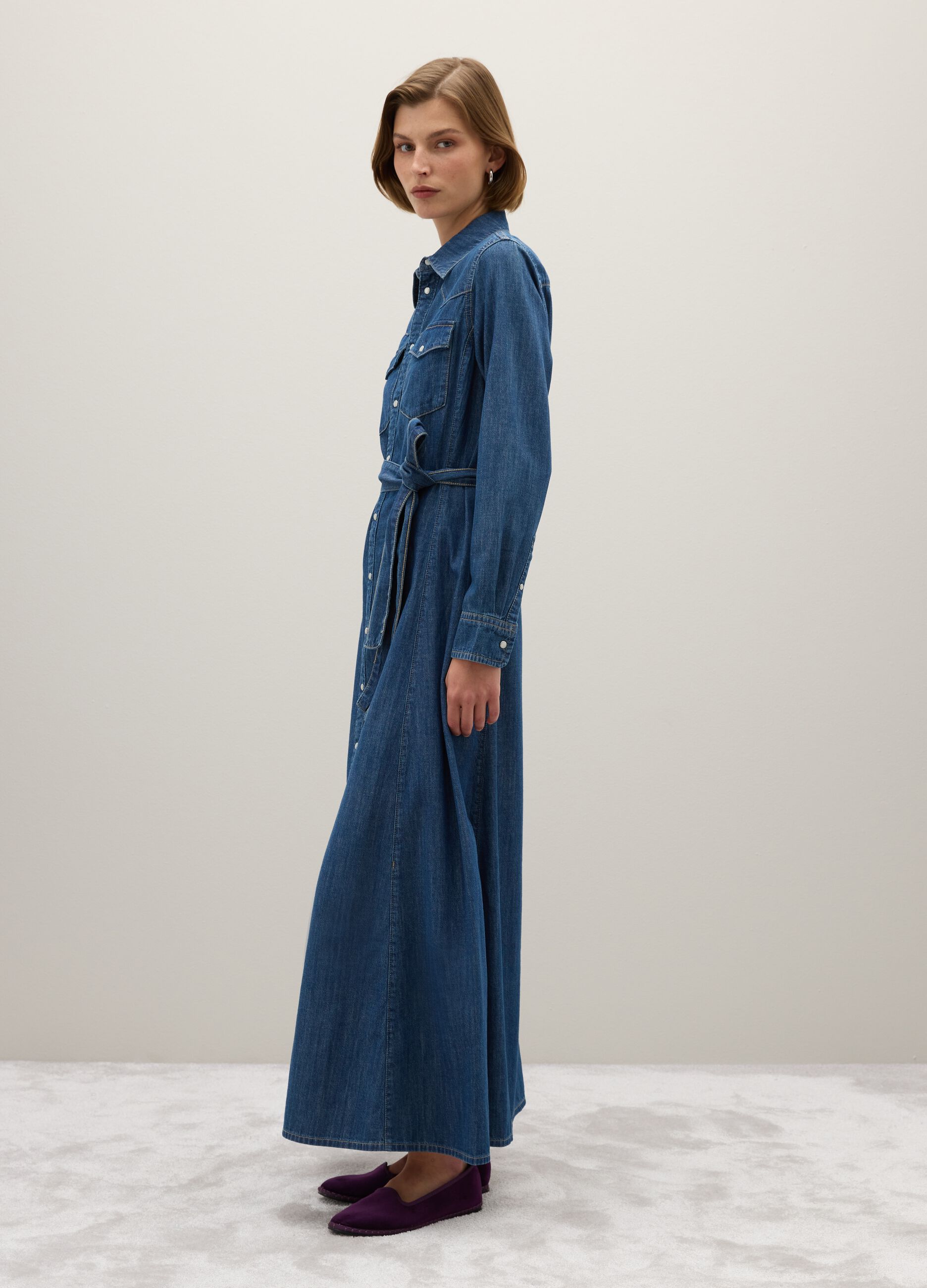 Long pure cotton denim dress with zip and belt