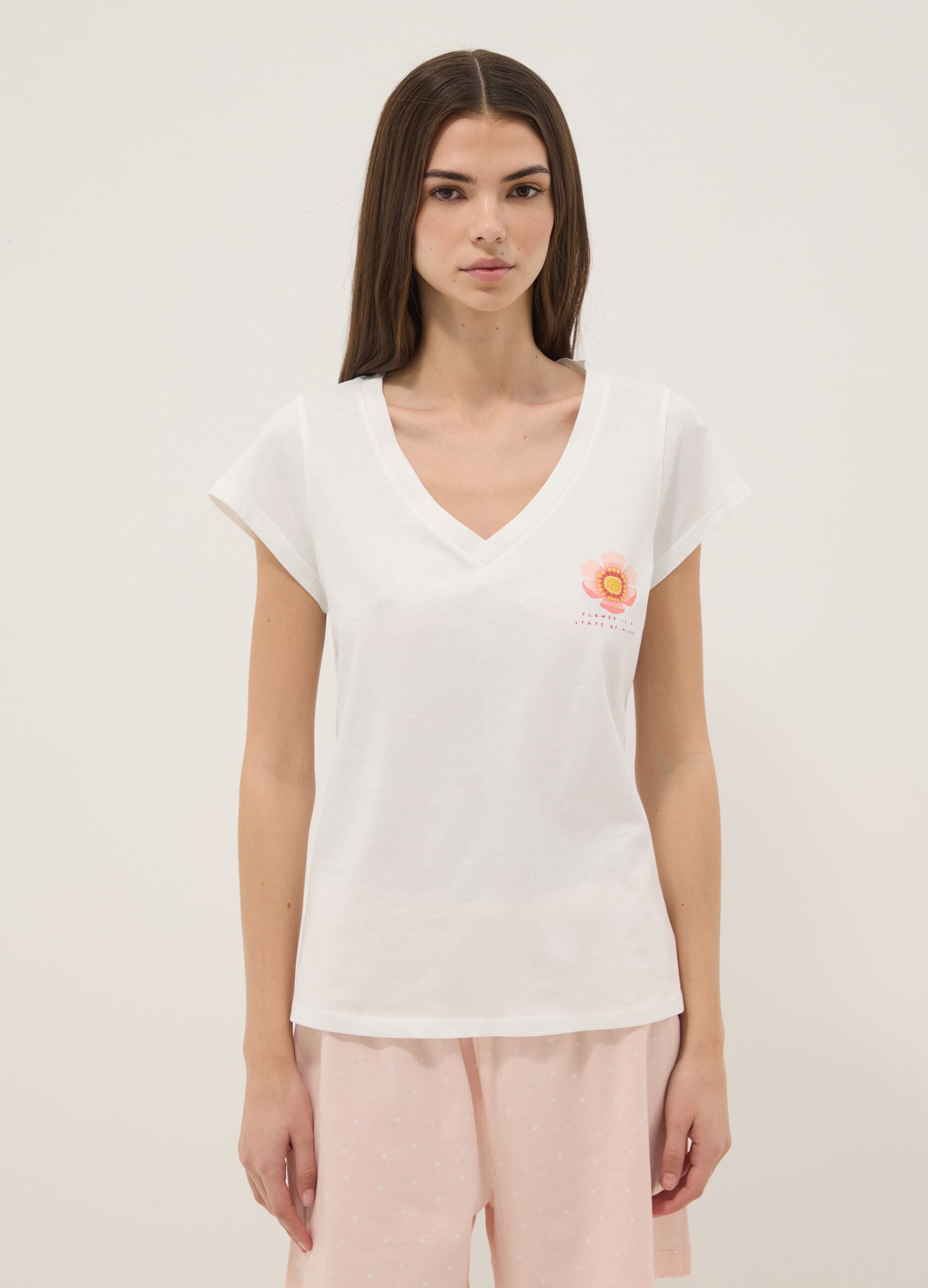 White pure cotton V-neck regular fit pajama shirt