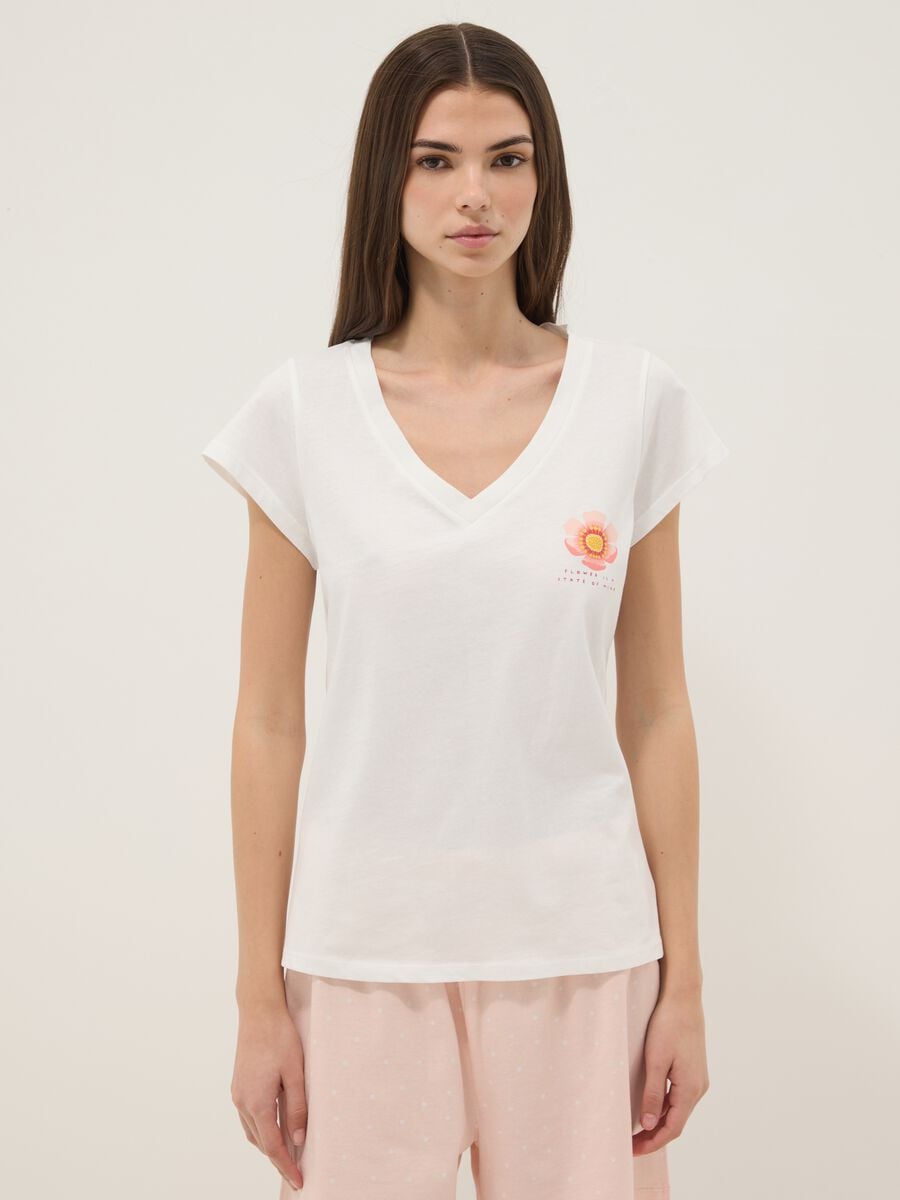 Maglietta pigiama in puro cotone bianca regular fit con scollo a V_1