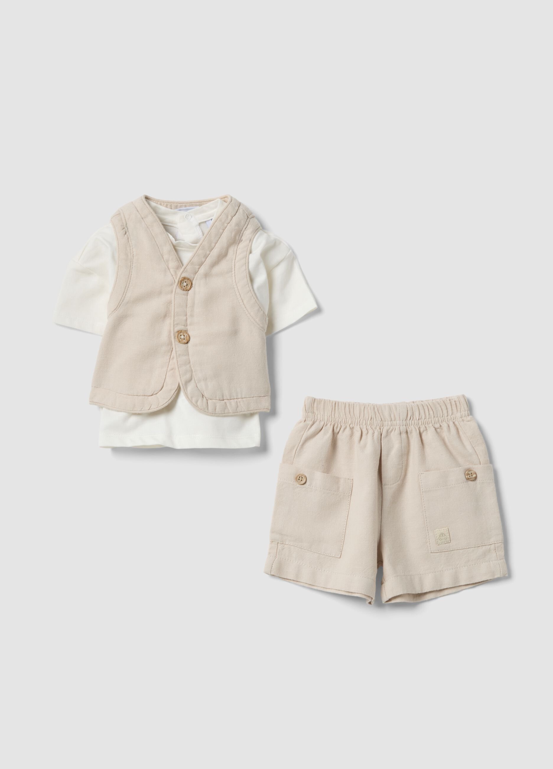 Beige cotton-linen blend set for babies