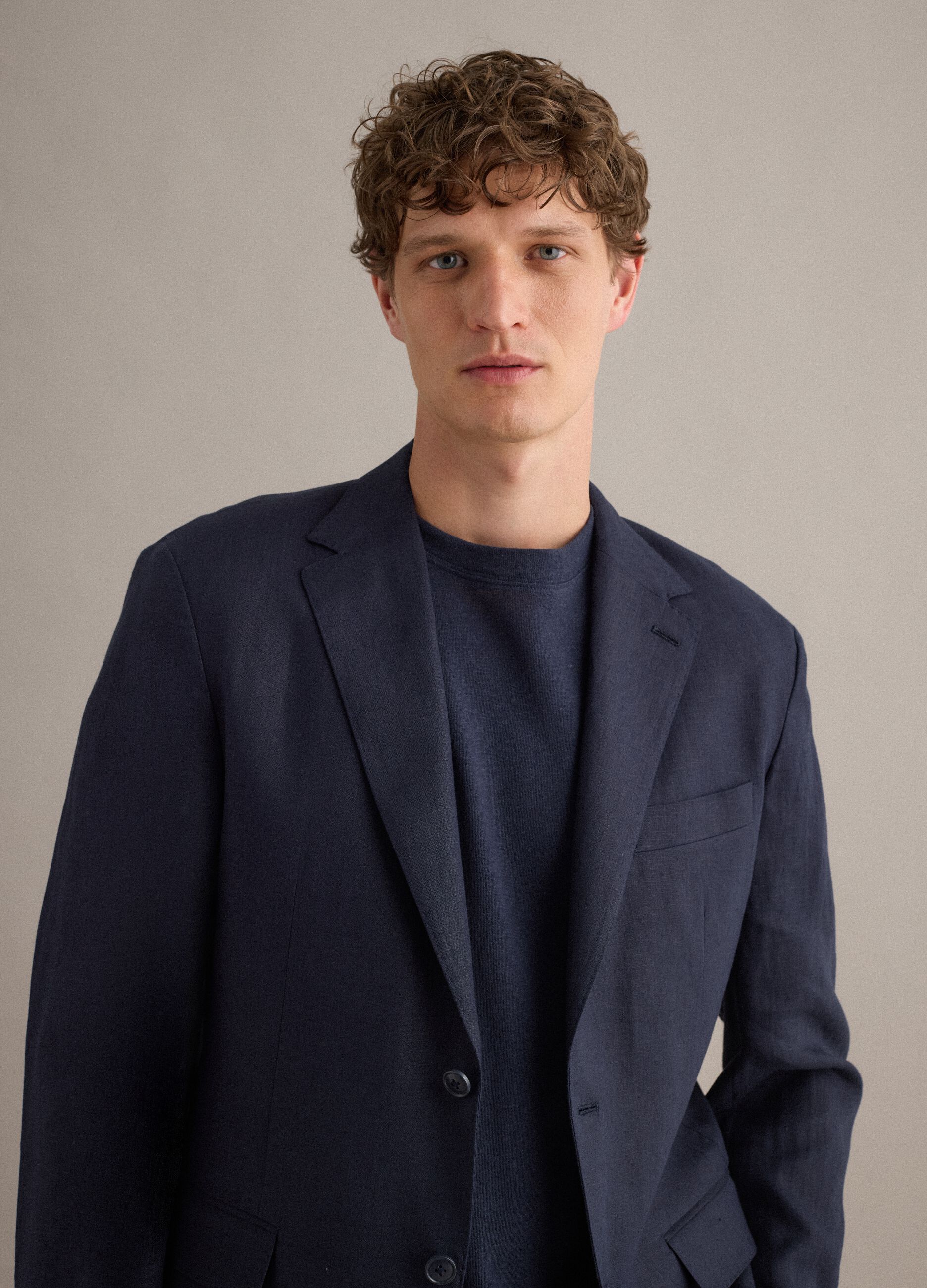 Blue Pure Linen Blazer Regular Fit