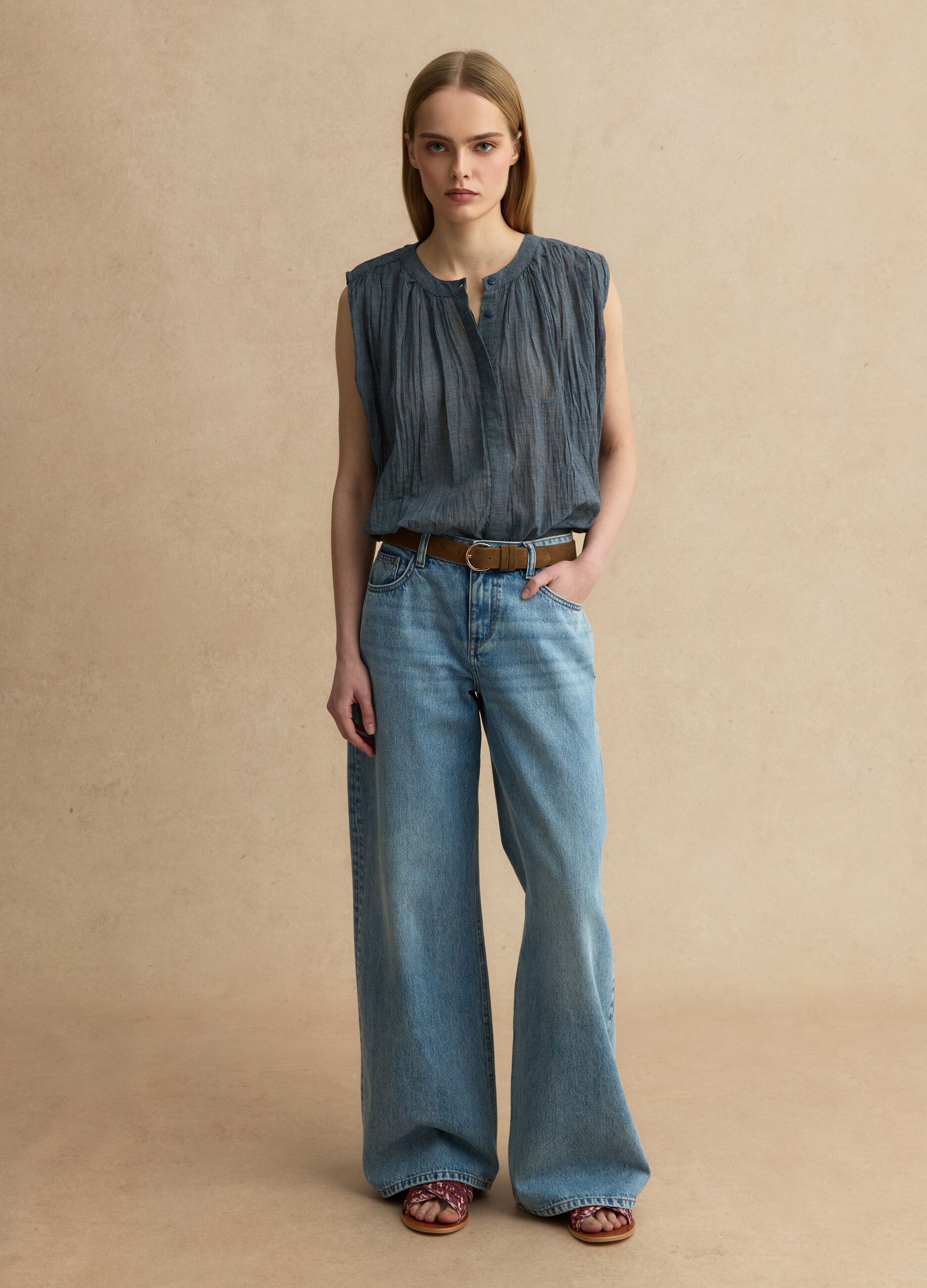 Blue sleeveless pure cotton blouse regular fit
