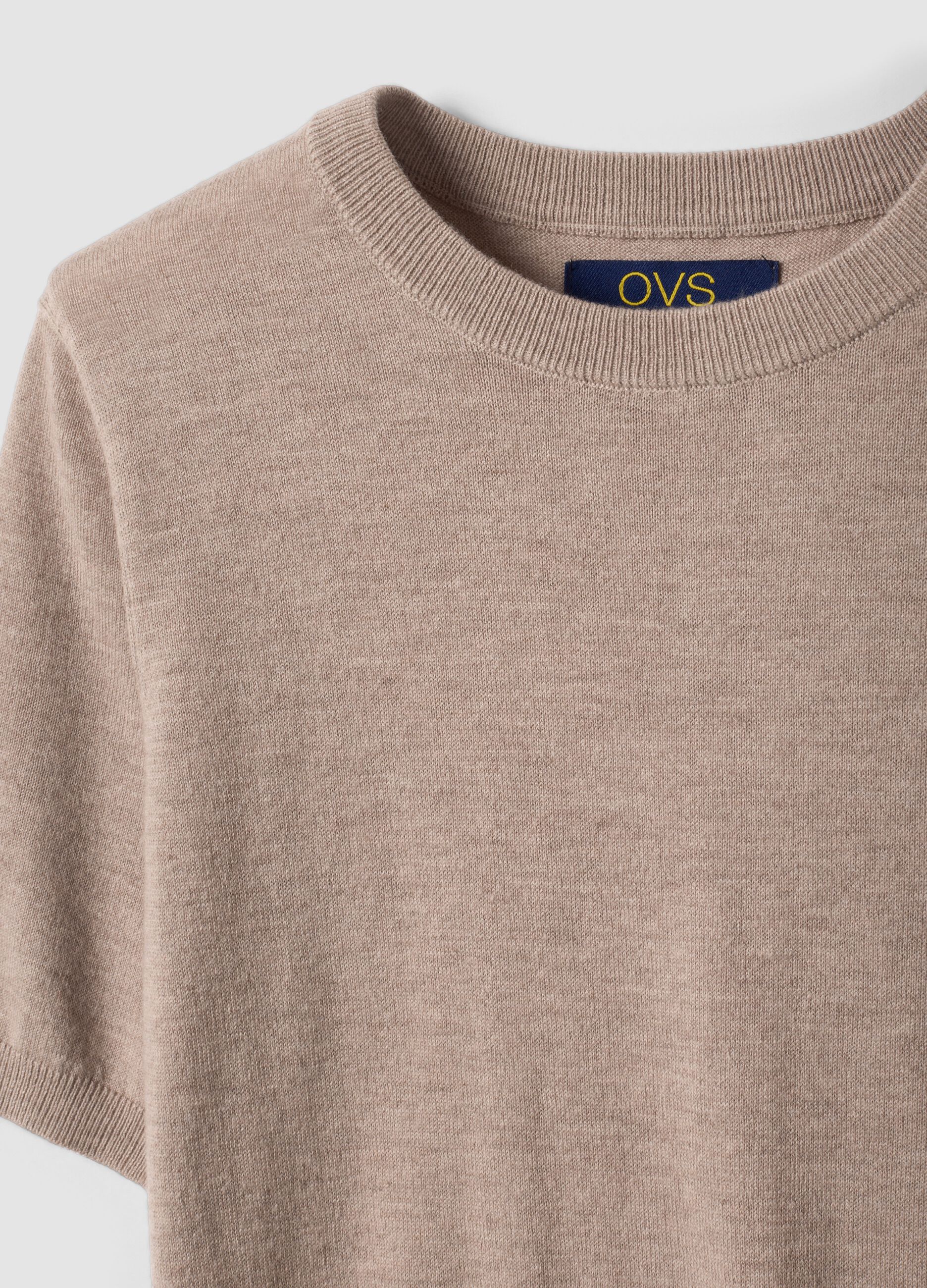 Beige short-sleeve crew-neck wool-blend jumper, regular fit