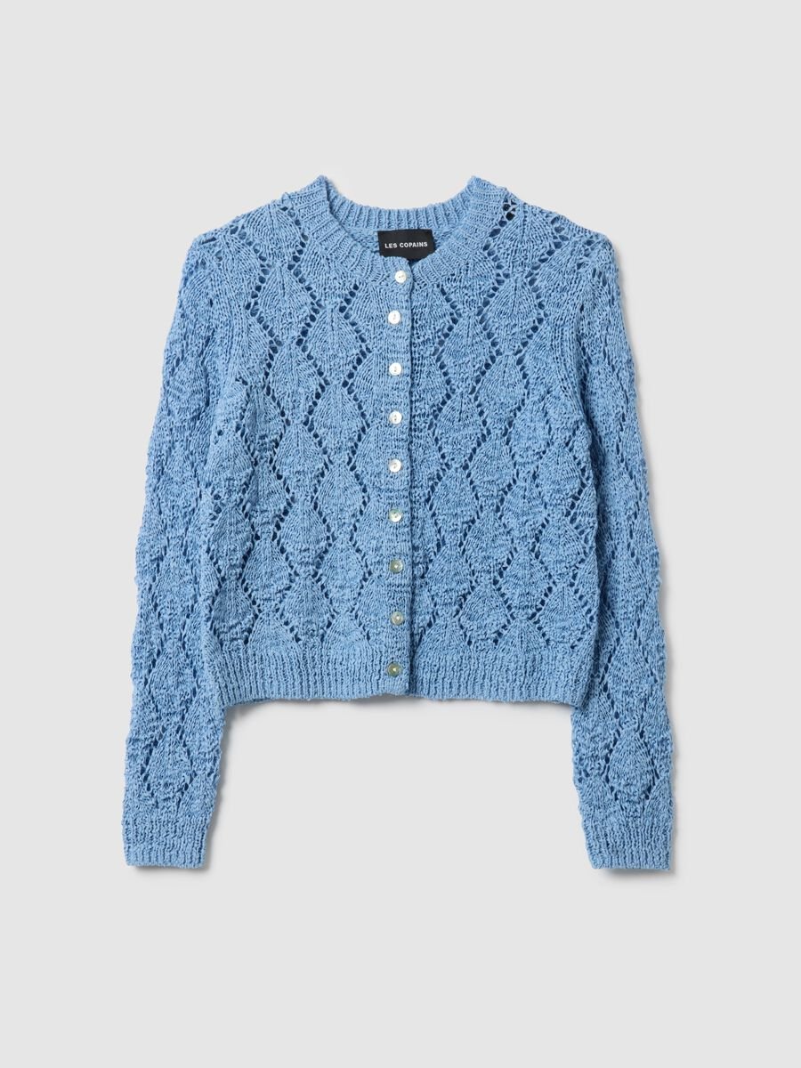 Cardigan in misto cotone azzurro regular fit con lavorazione a maglia_4