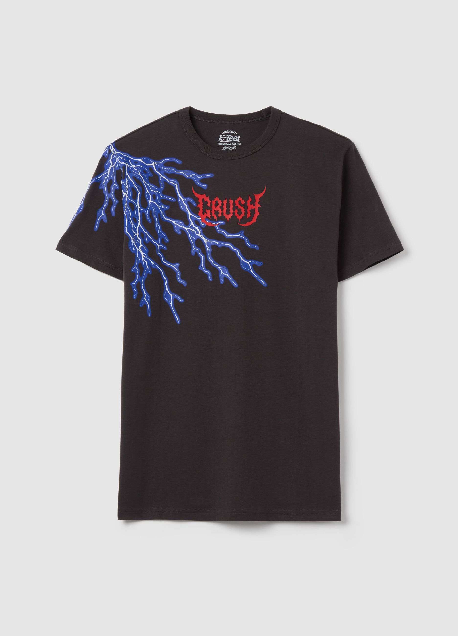 Black short-sleeved T-shirt with lightning graphic