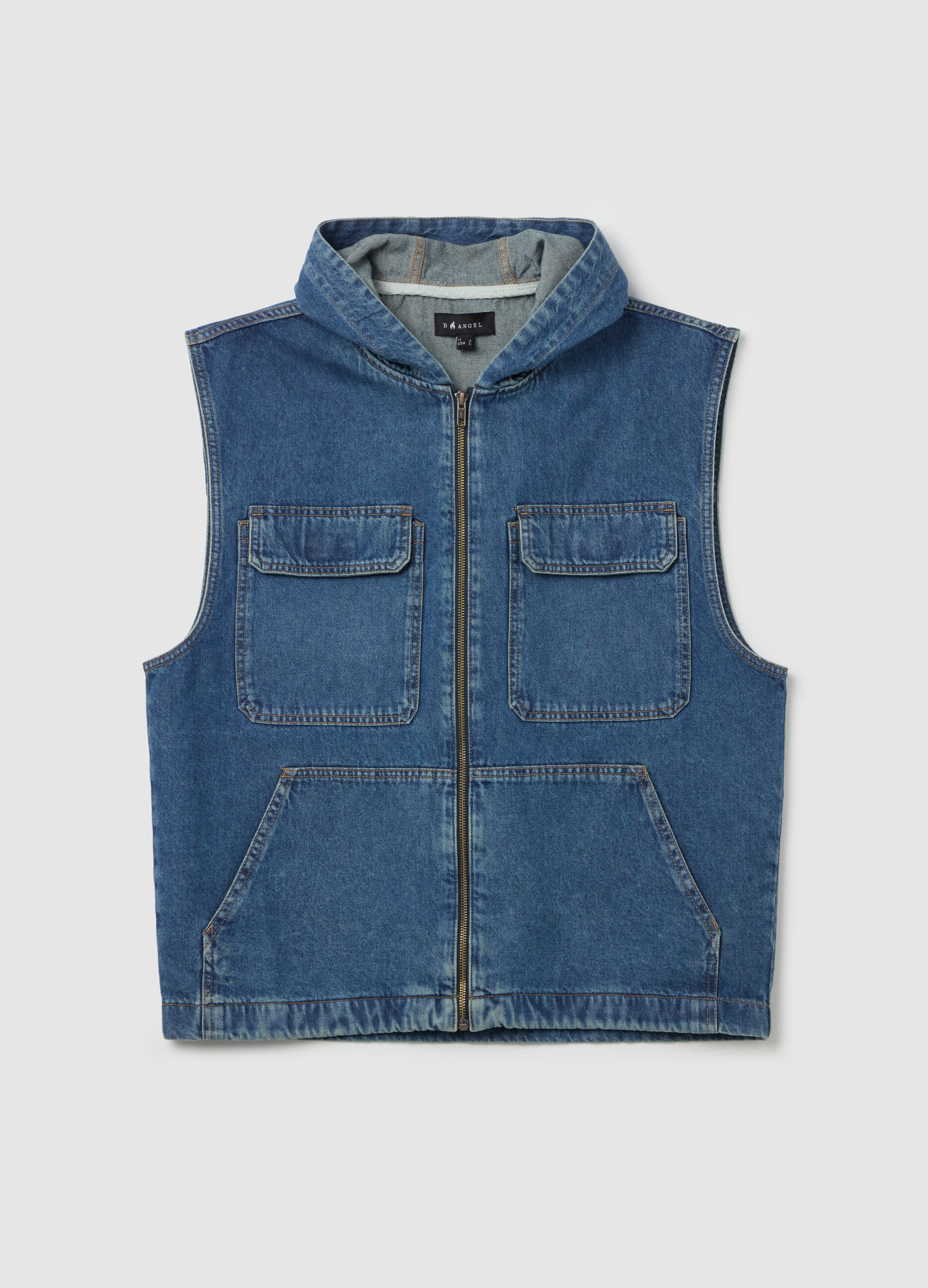 Full-zip gilet in denim with hood