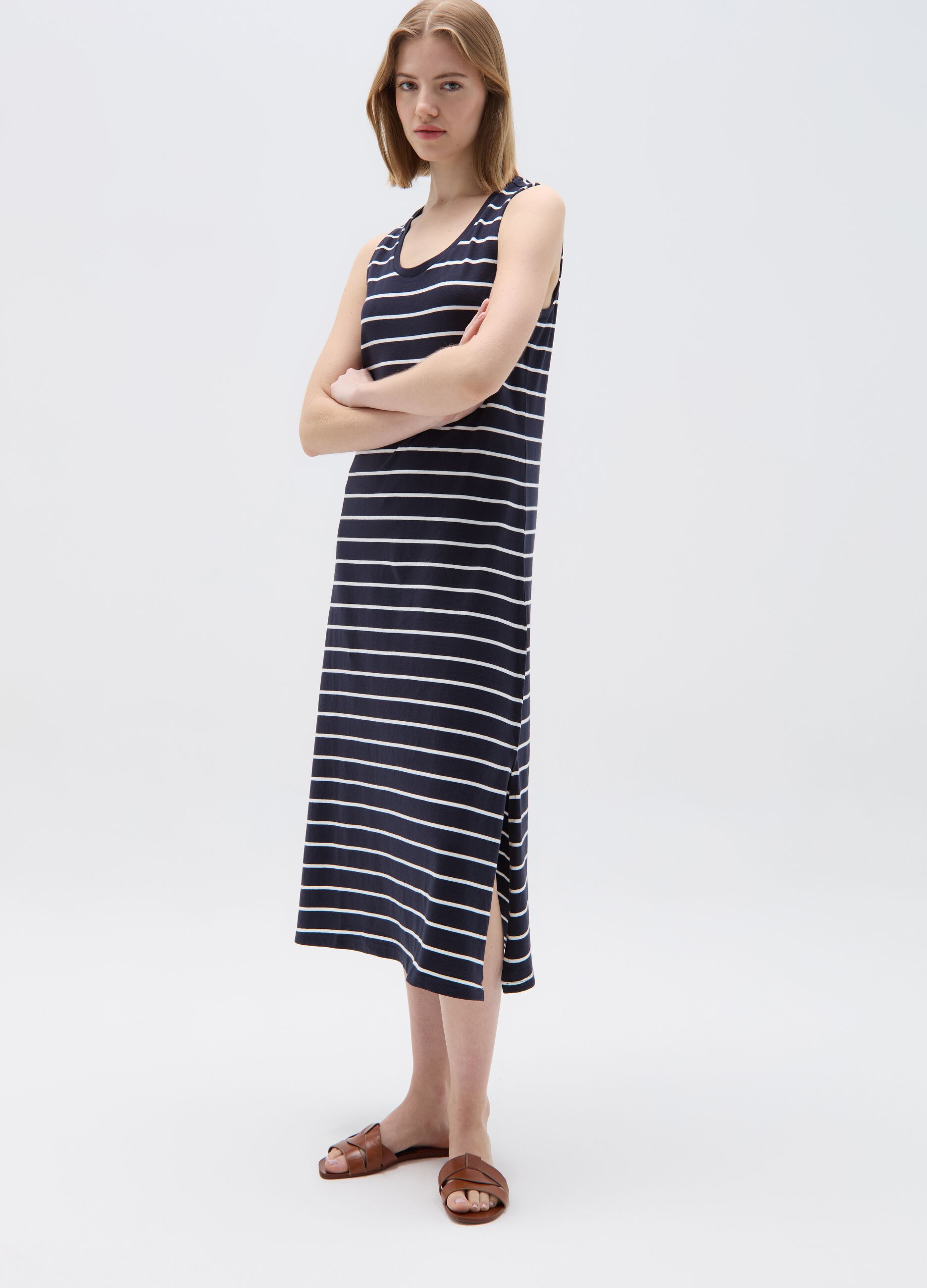 Essential long striped dress with splits